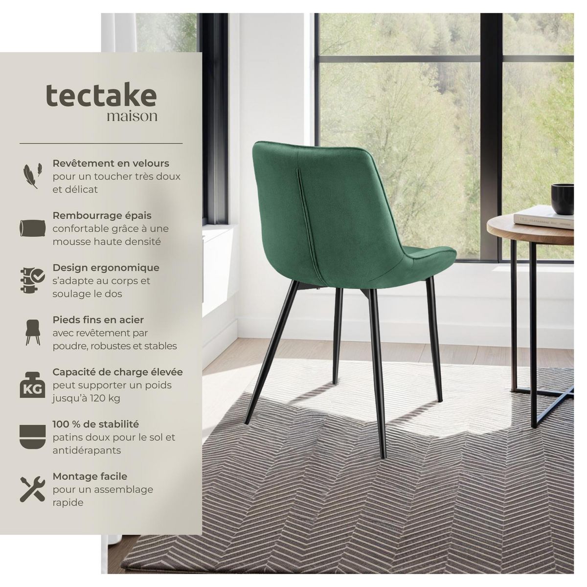 tectake Lot de chaises rembourrées aspect velours vert foncé Lot de 8