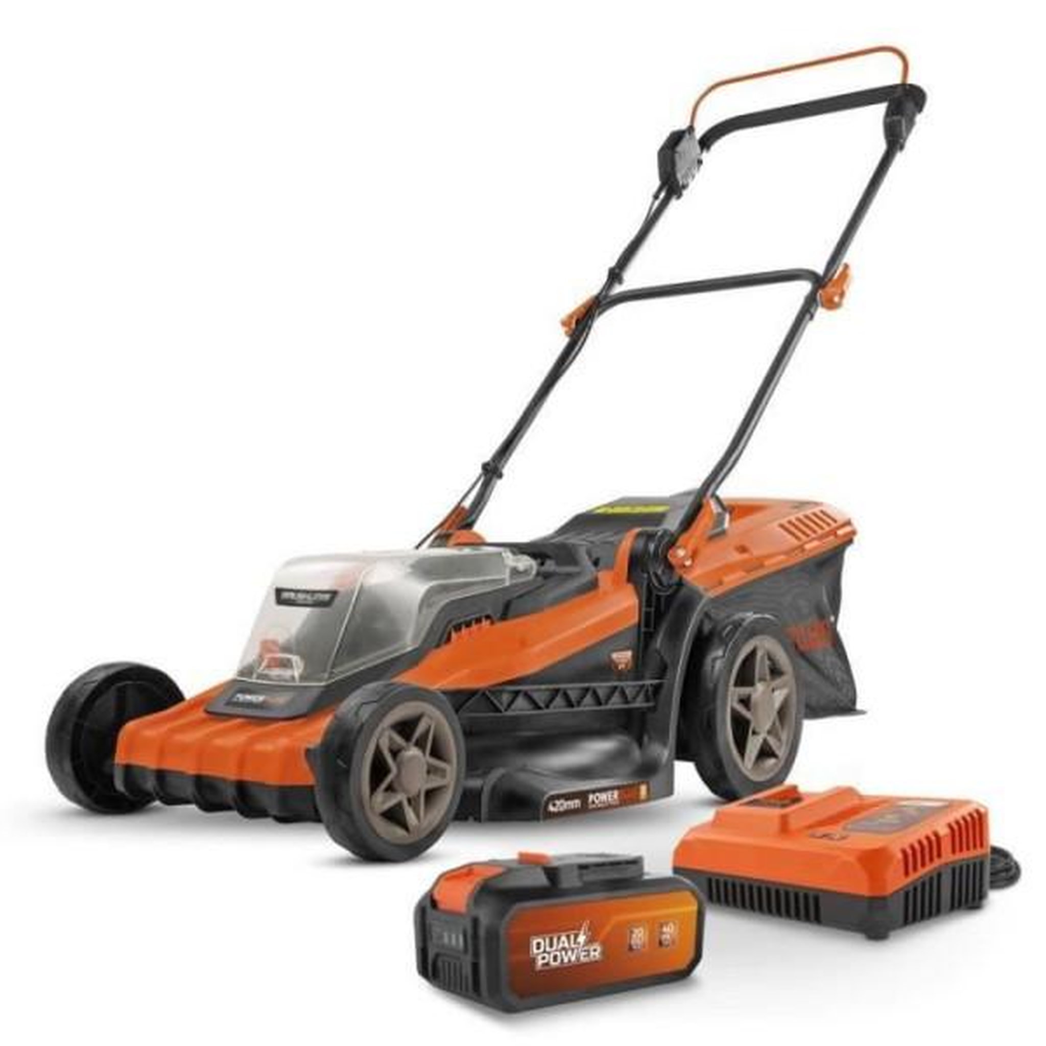 MARKET24 Tondeuse a Gazon   a Gazon sur Batterie 40V Dual Power POWDPGLWS2 - 420mm Ø, Sac de Collecte 50L
