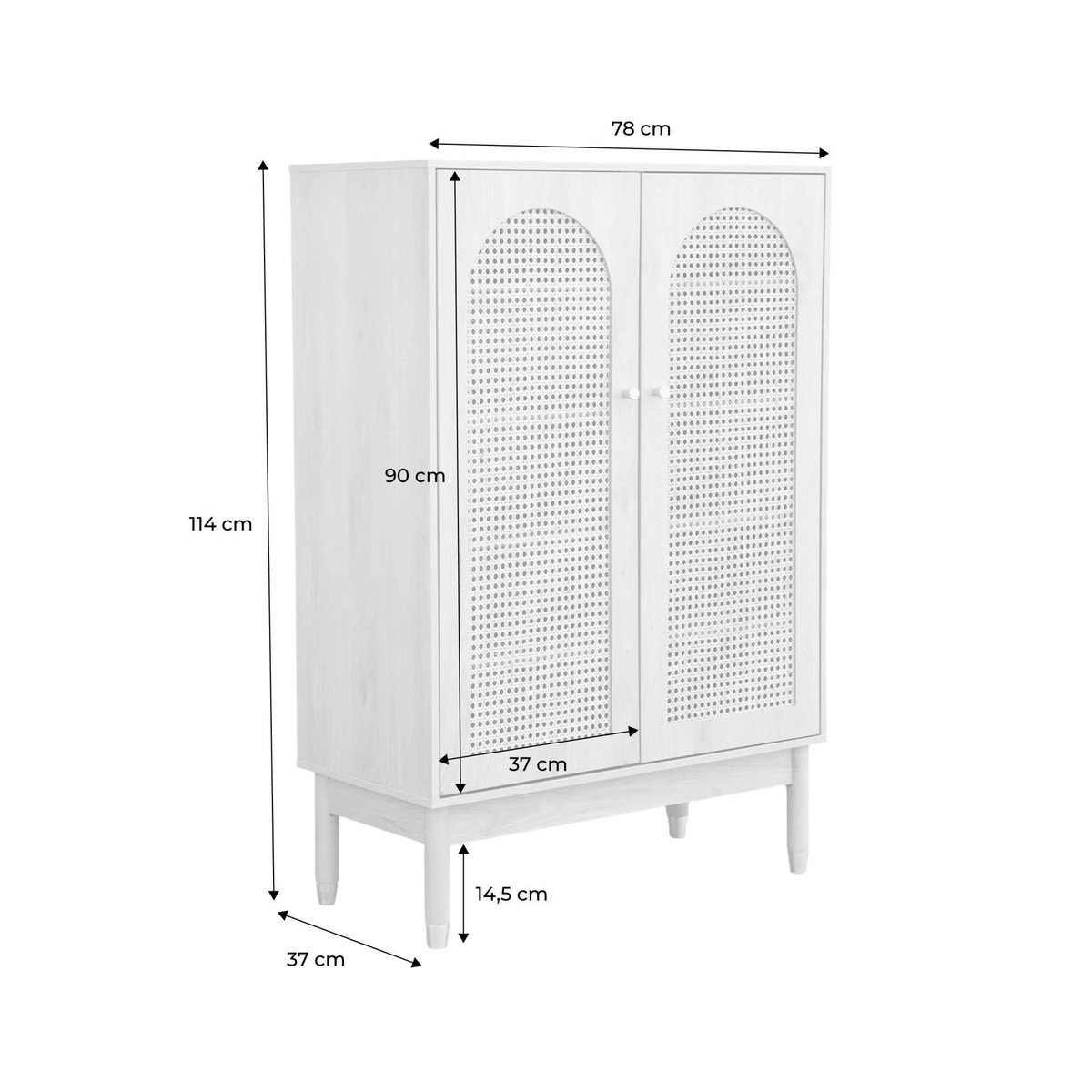SWEEEK Meuble à chaussures / Petit buffet 2 portes cannage JUDITH. 20 paires de chaussures. 4 étagères. pieds en bois d'hévéa avec caps finition dorée.