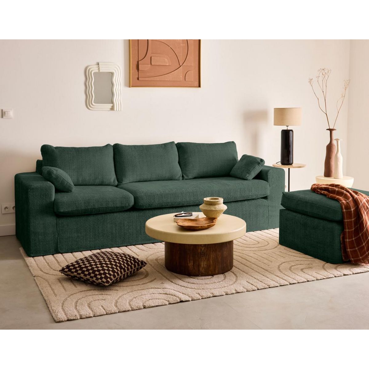 LISA DESIGN Calgary - canapé d'angle déhoussable et modulable 3 places + 1 pouf en velours texturé