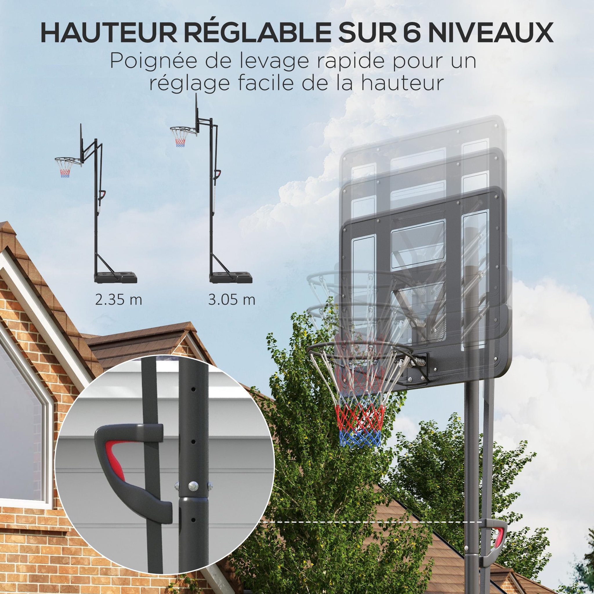 Voir la diapositive 5 : HOMCOM Panier de basket sur pied hauteur réglable 2,35-3,05 m - roulettes, base de lestage - acier PE noir