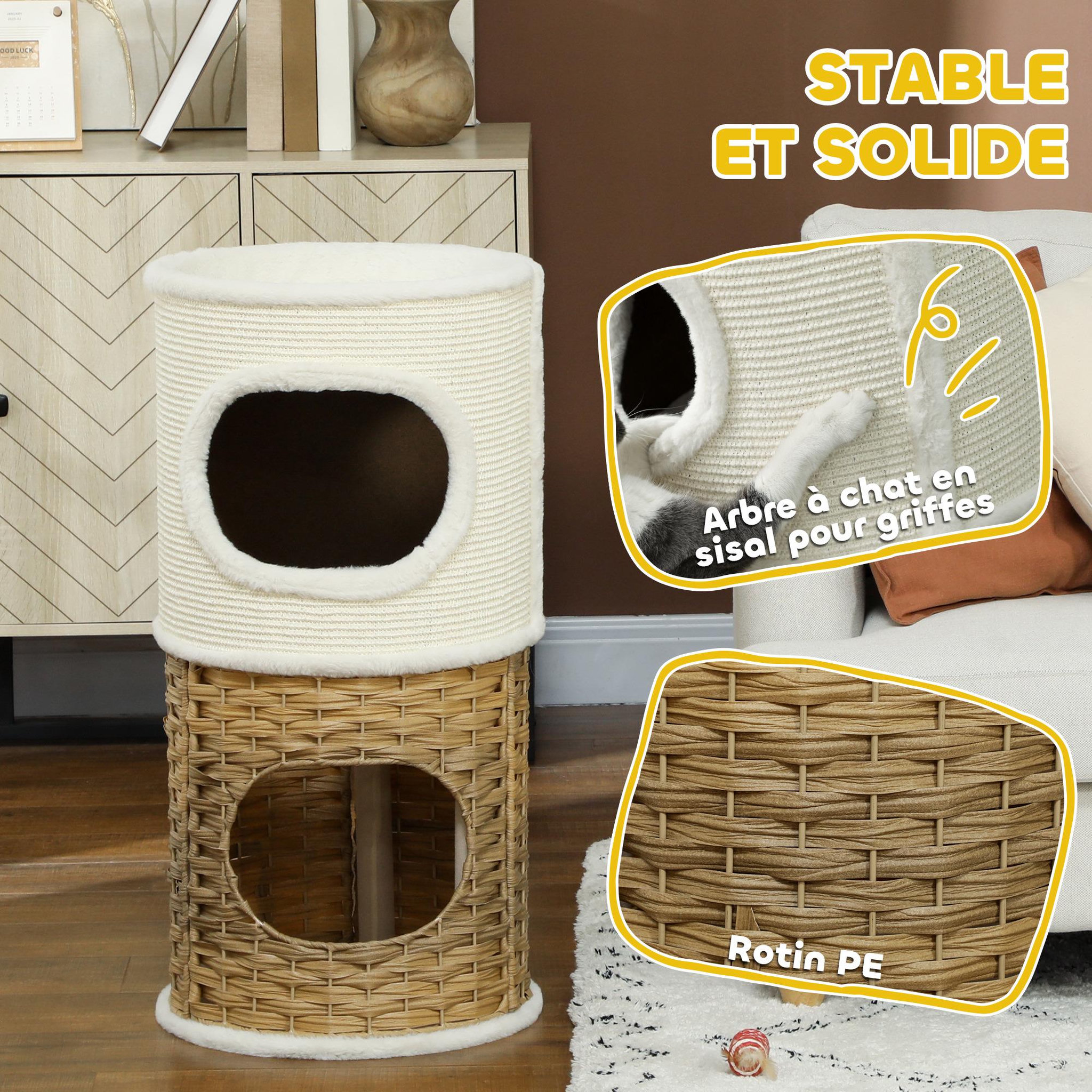 Voir la diapositive 5 : PAWHUT Tour à griffer pour chat 3 niveaux - 2 niches, panier observation- h.75,5 cm - résine tressée sisal