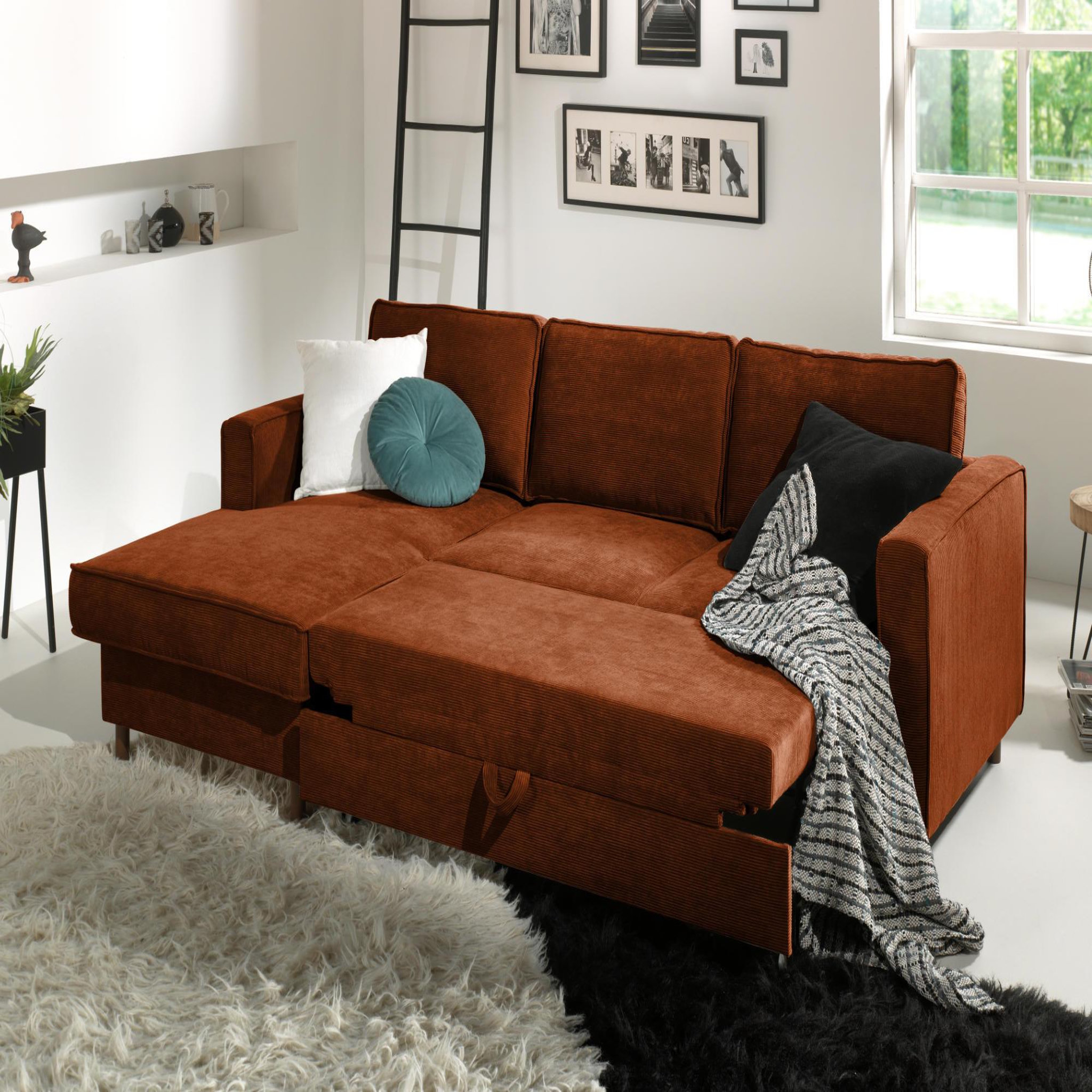 Voir la diapositive 2 : BEST MOBILIER Jake - canapé d'angle gauche - convertible avec coffre - 4 places - en velours côtelé