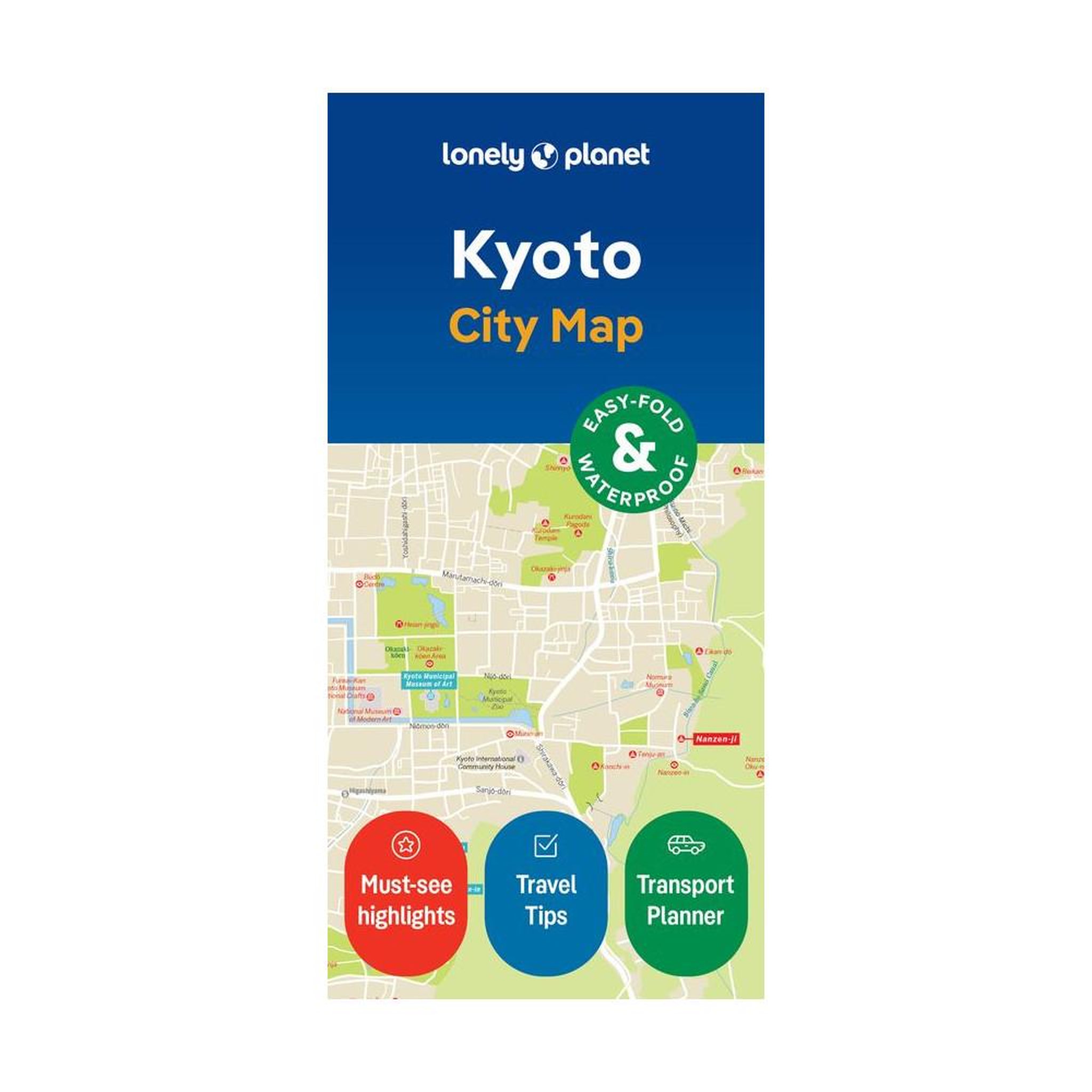 Carte ville kyoto city map 2e édition en anglais, plan papier imperméable easy-fold avec itinéraires à pied et plans de transports