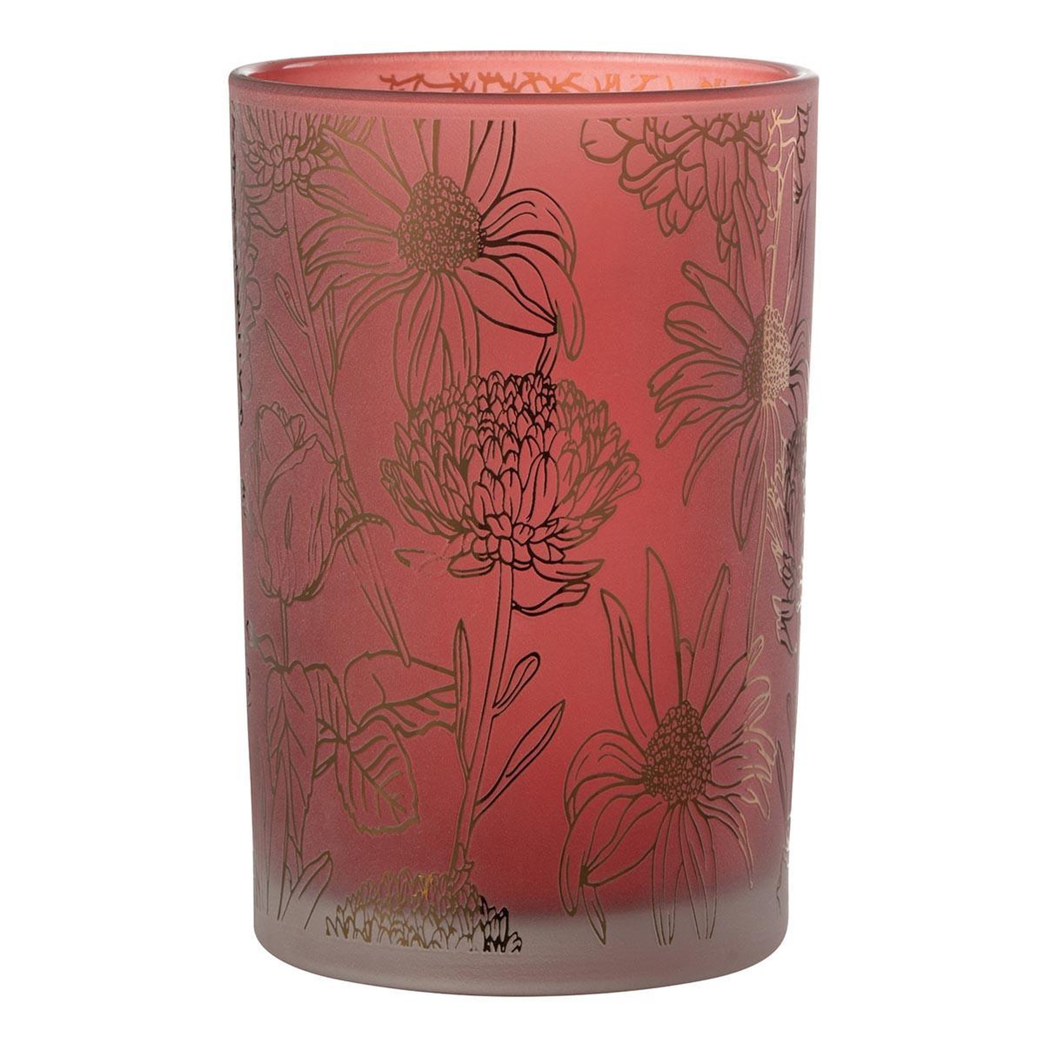J-LINE Photophore Déco en Verre Mat  Fleurs  18cm Rouge