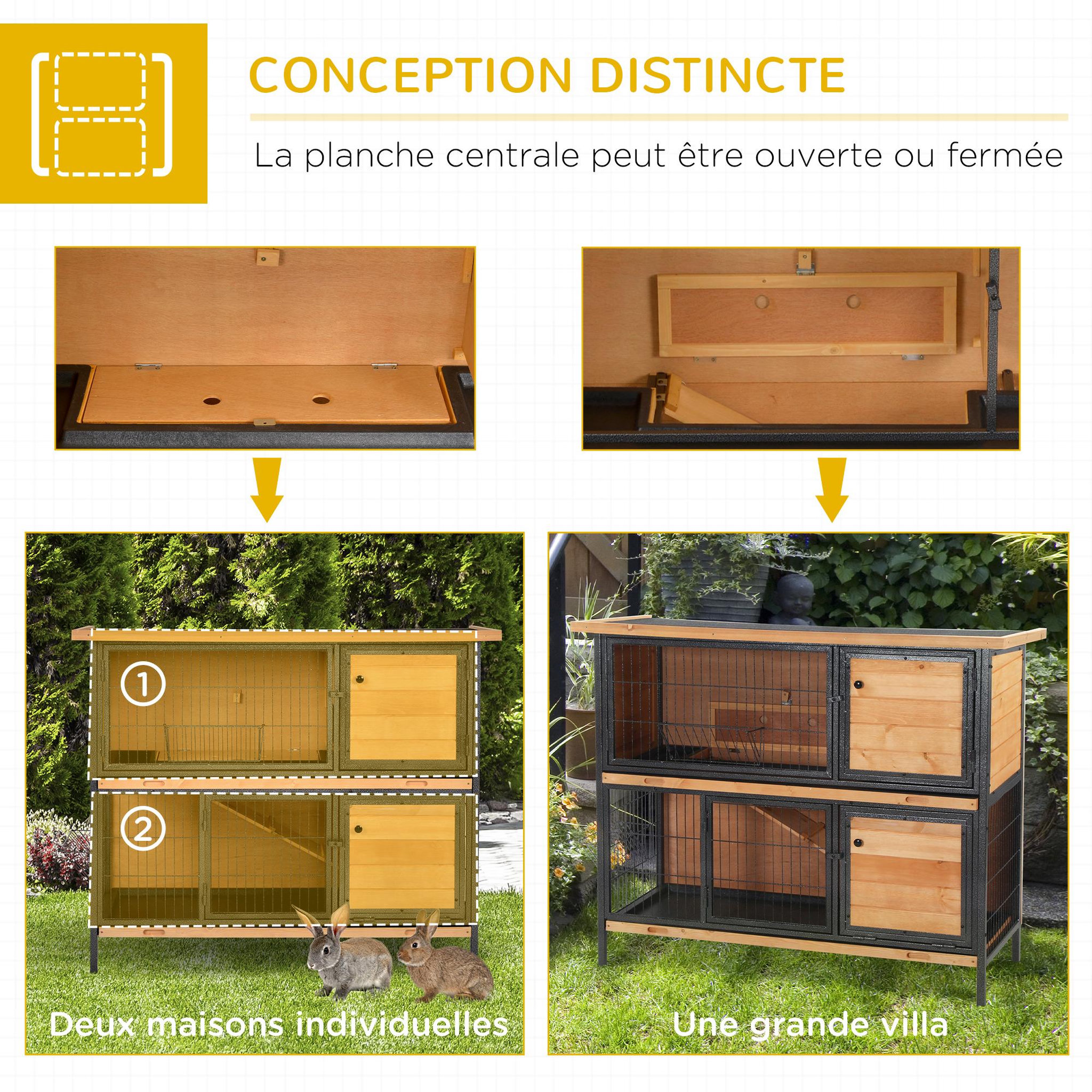 Voir la diapositive 4 : PAWHUT Clapier à lapin 2 niveaux cloisonnables - niche, rampe, plateaux, rateliers, portes - métal époxy bois pré-huilé