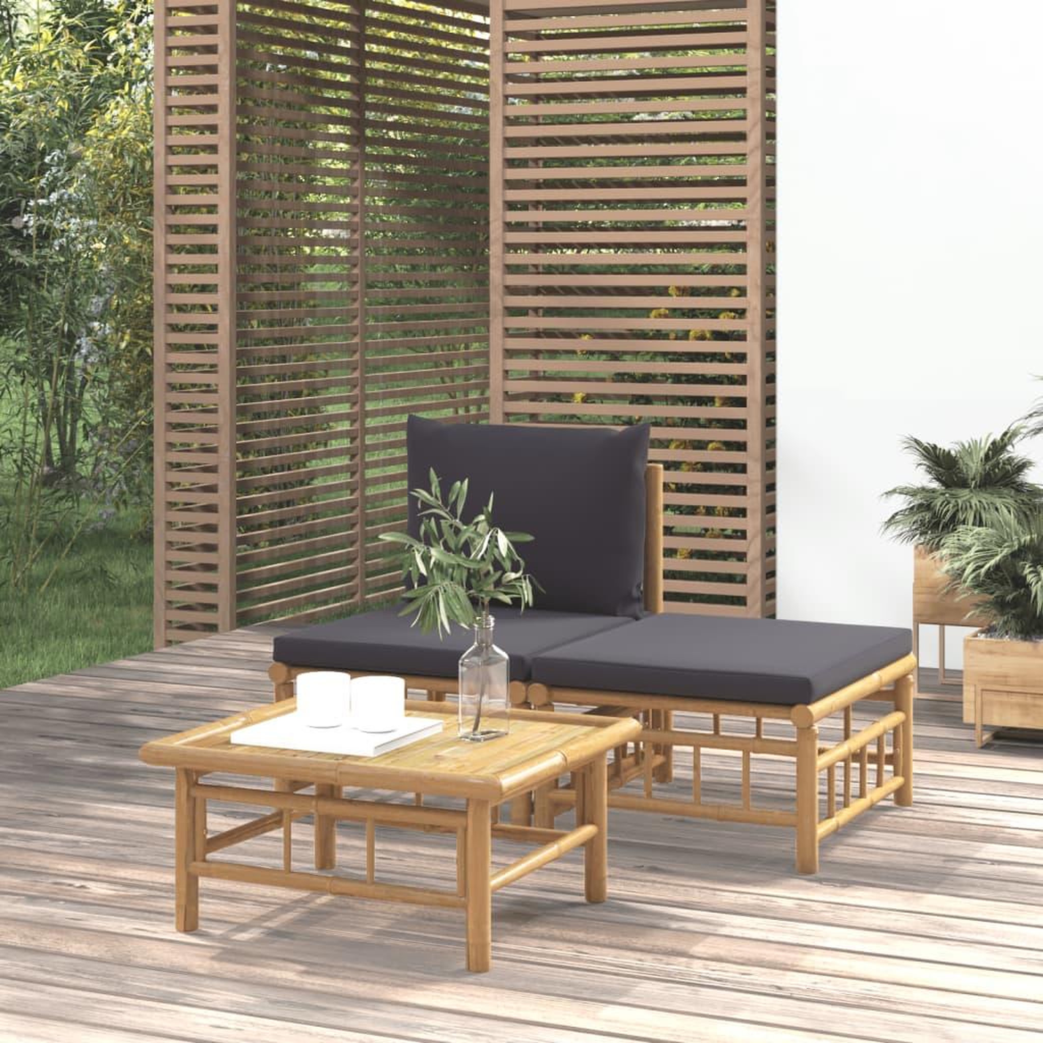 Voir la diapositive 1 : VIDAXL Salon de jardin 3 pcs avec coussins gris fonce bambou