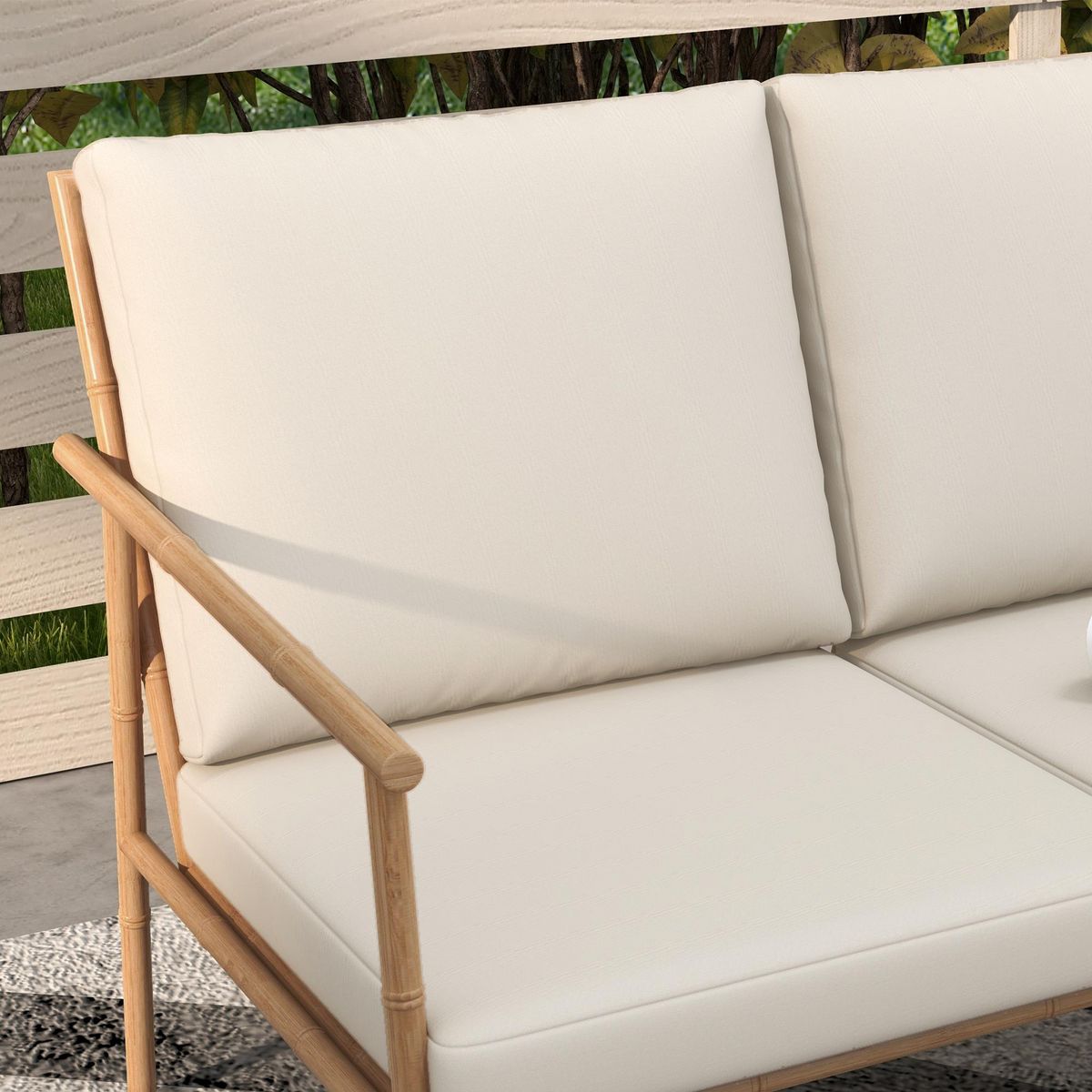 OUTSUNNY Salon de jardin 4 places 5 pcs style exotique coussins inclus grège aspect bambou