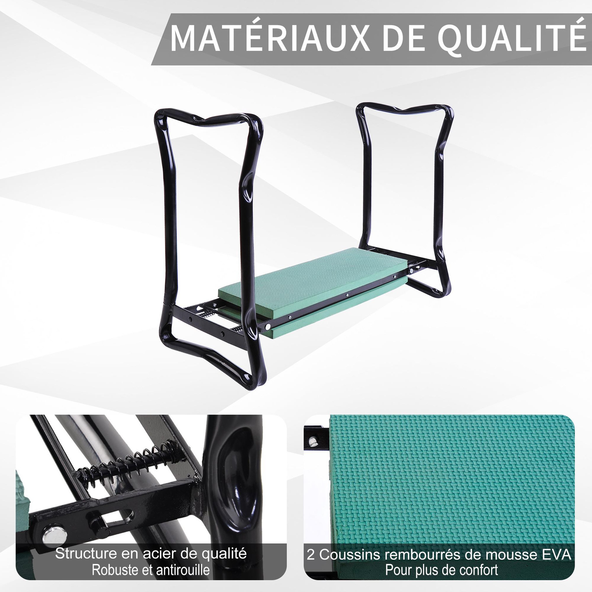 Voir la diapositive 6 : OUTSUNNY Tabouret de jardin pliable agenouilloir de jardin siège jardinage avec coussin acier EVA noir vert