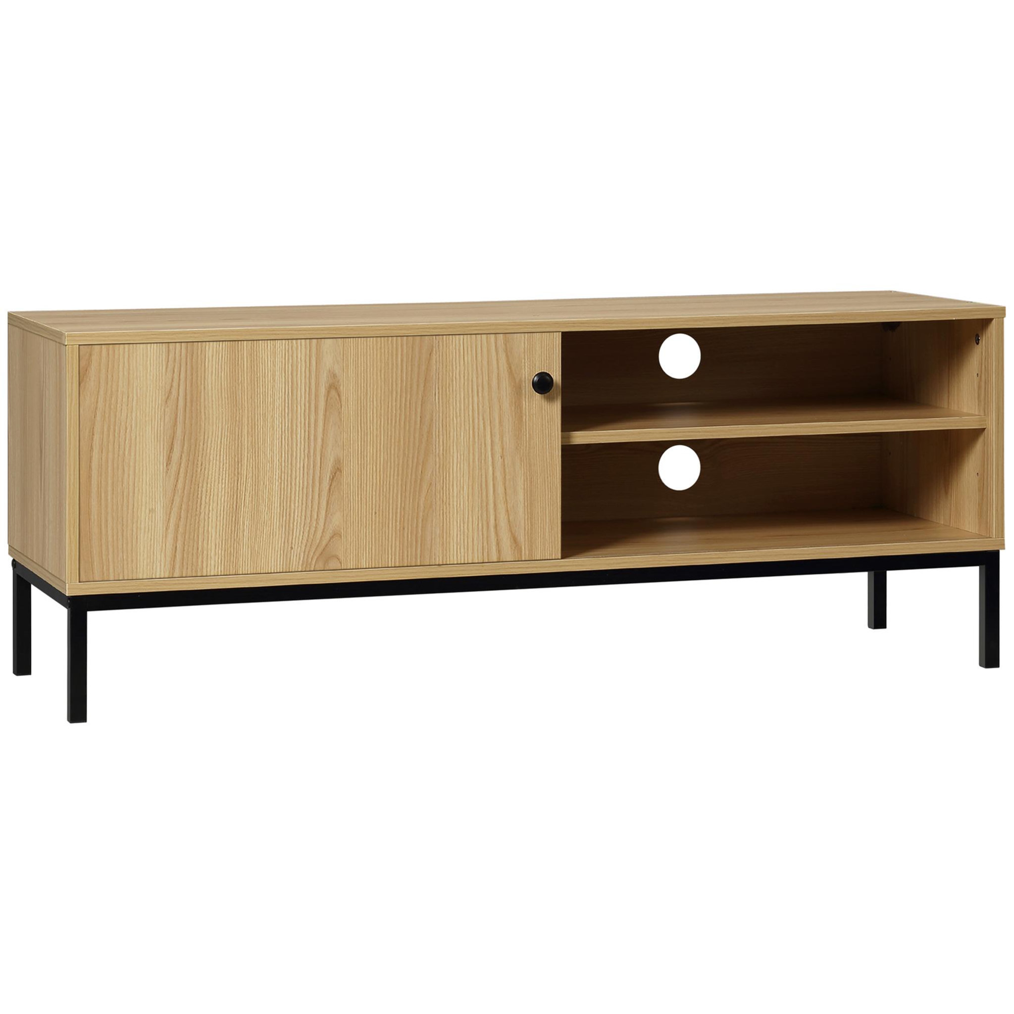 Voir la diapositive 1 : HOMCOM Meuble TV banc TV design industriel - porte coulissante, 2 niches, 2 passe-fils - piètement métal noir panneaux aspect bois clair