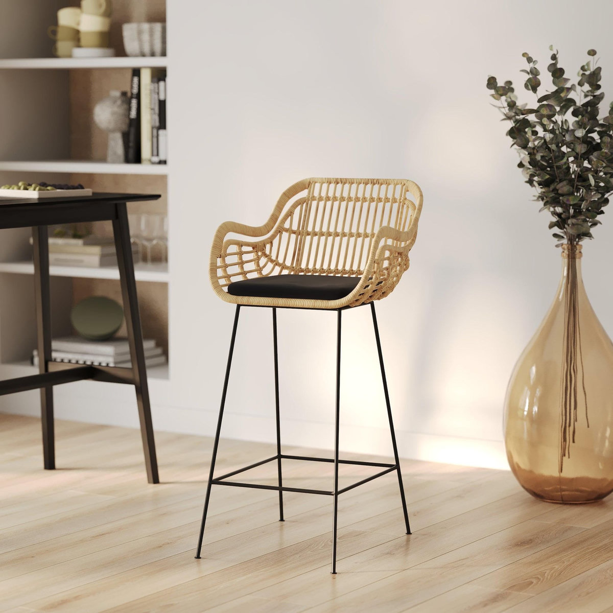 Rendez vous déco Chaise de bar en rotin naturel et pieds en métal noir 71 cm - Chiloe