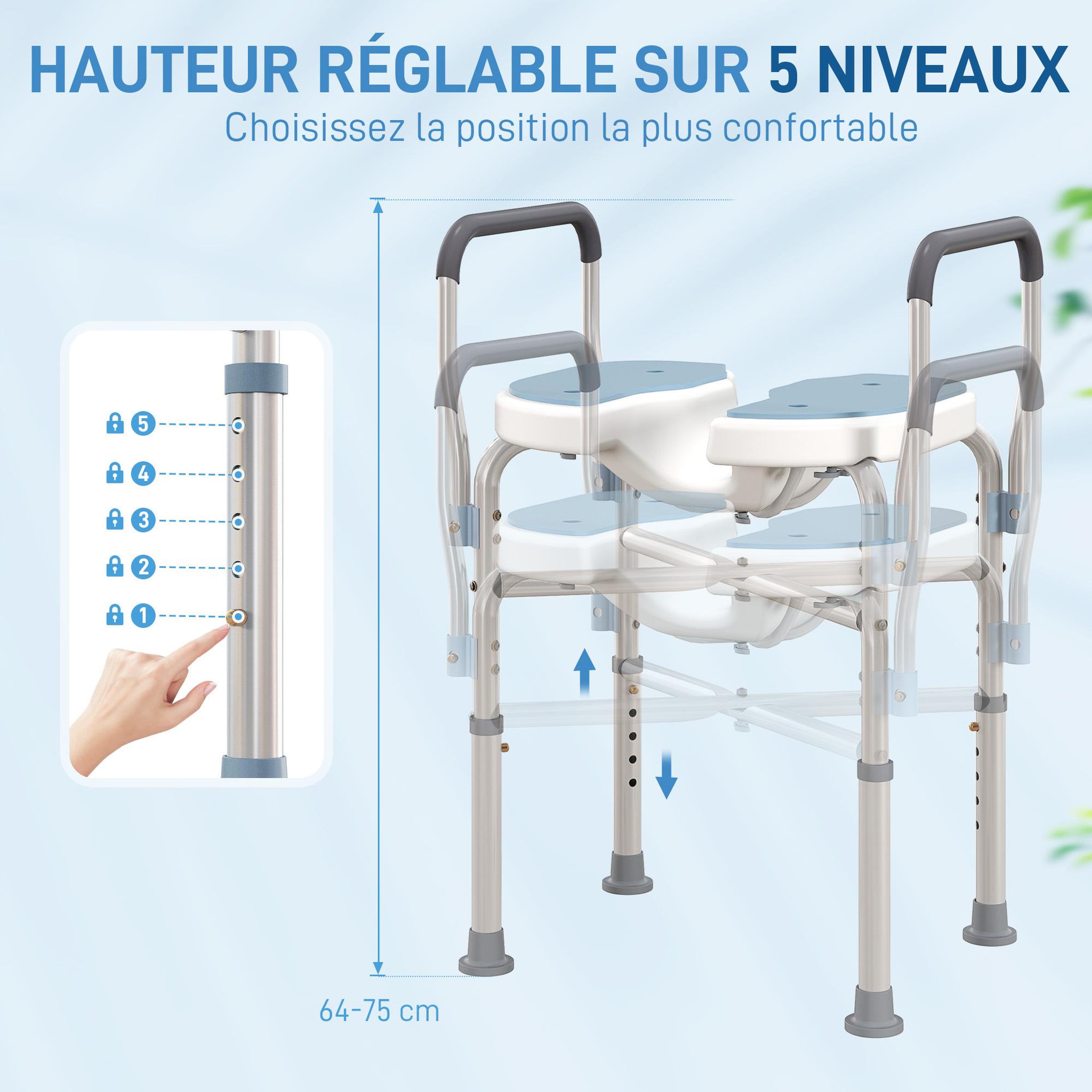 Voir la diapositive 4 : HOMCOM Siège de douche avec accoudoirs hauteur réglable antidérapant alu hdpe bleu balnc gris