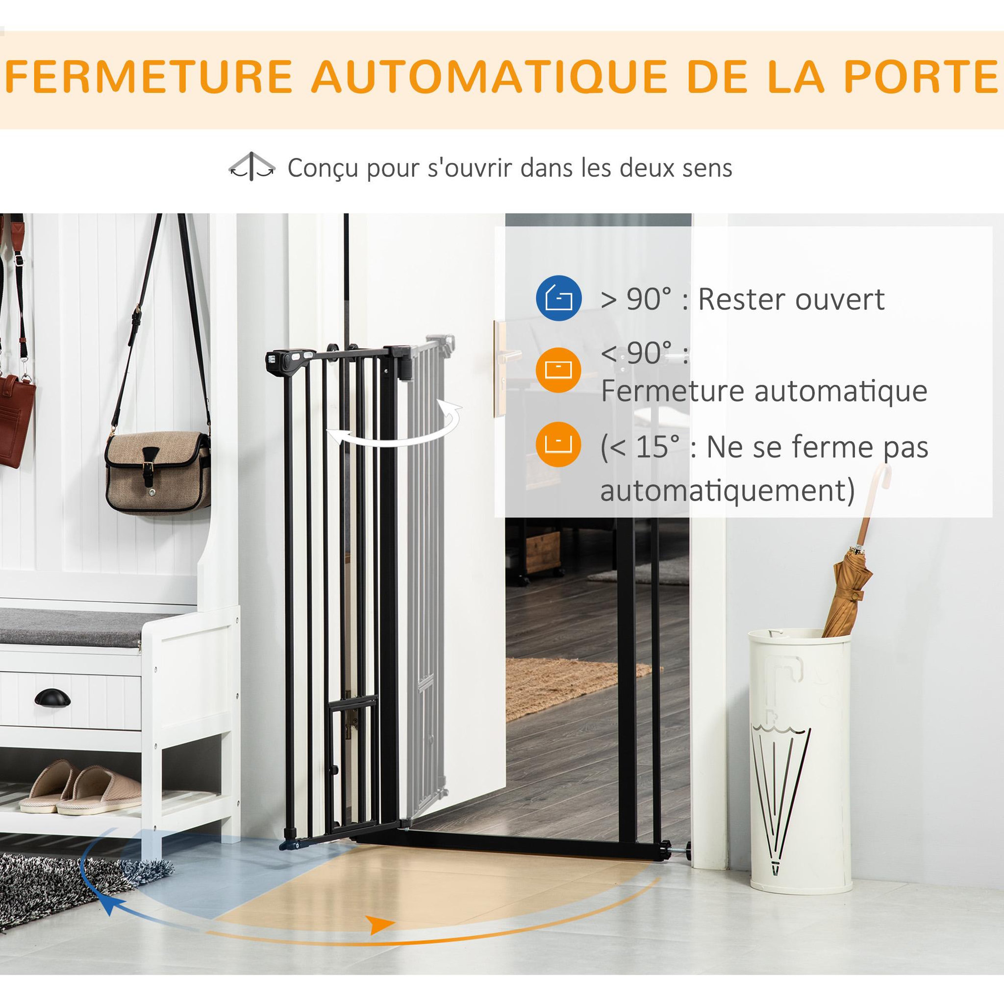 Voir la diapositive 4 : PAWHUT Barrière de sécurité chien h.104 cm - porte double verrouillage - sans perçage - acier noir