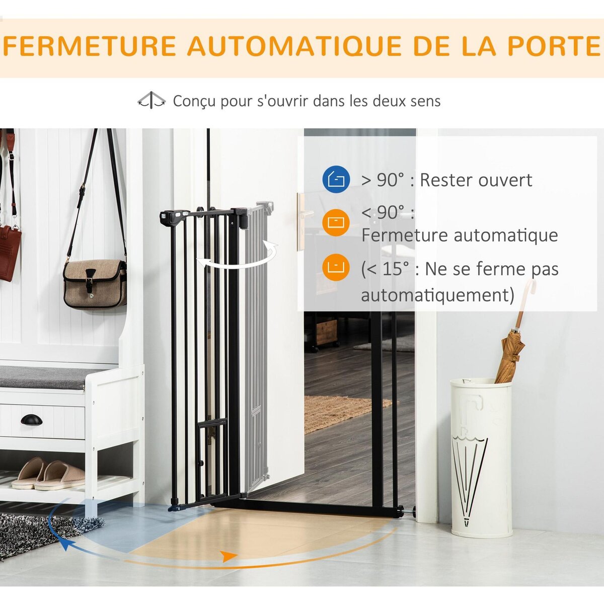PAWHUT Barrière de sécurité chien H.104 cm - porte double verrouillage - sans perçage - acier noir