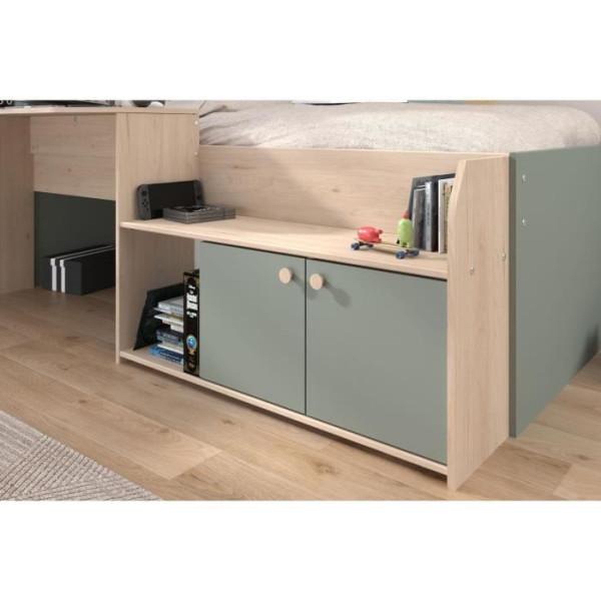 Voir la diapositive 6 : PARISOT Lit combiné enfant 90x190/200 cm JADE - Chene / Vert céladon - Bureau et rangements - PARISOT