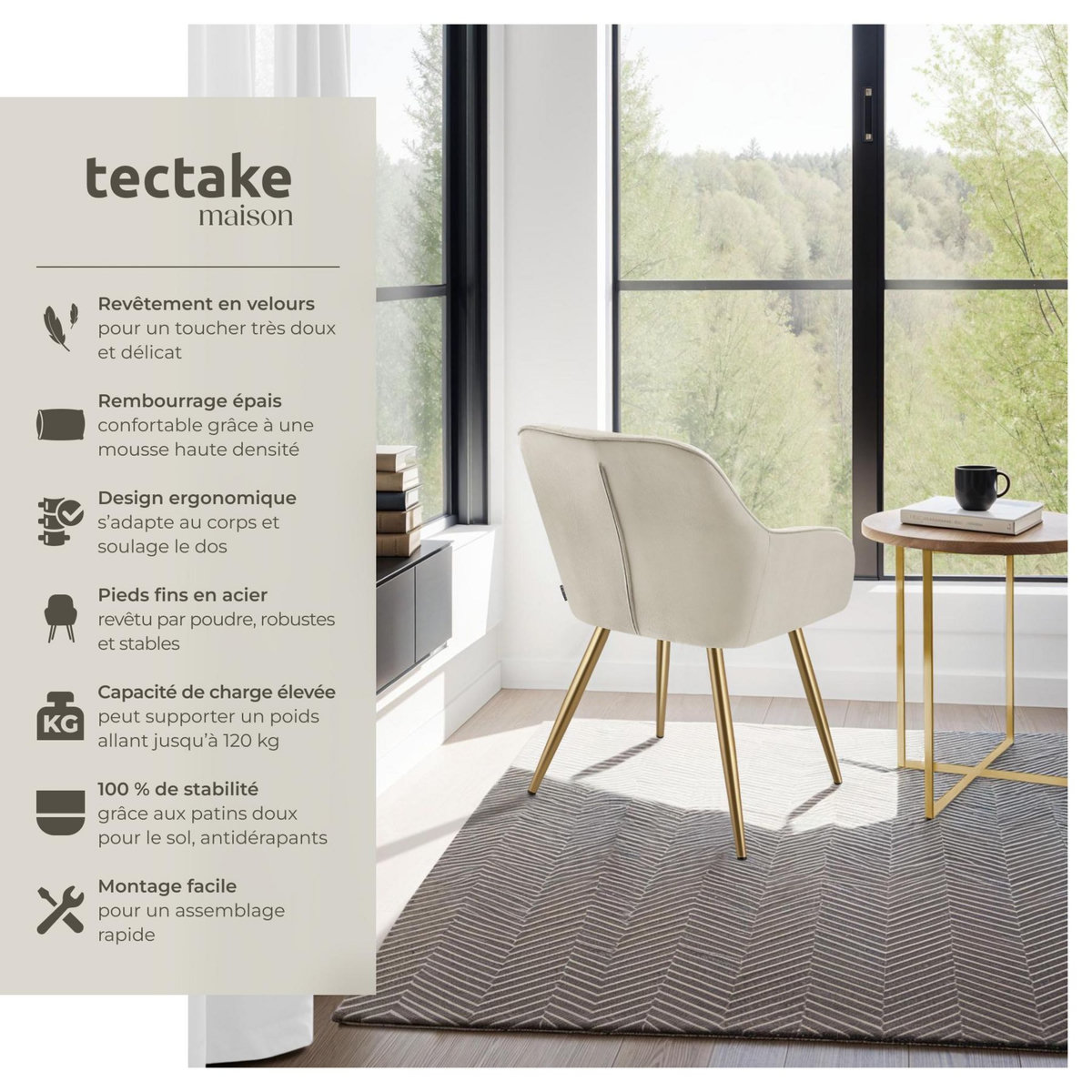tectake Chaise de salle à manger en velours rembourré capitonné crème/or Lot de 4