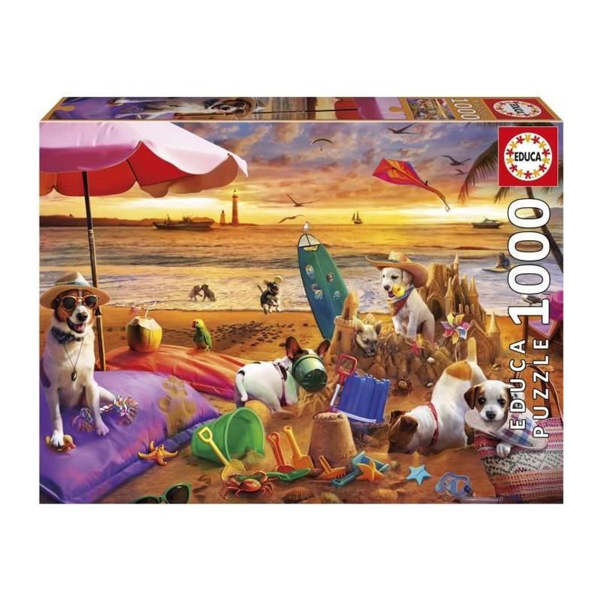 EDUCA Puzzle 1000 pièces – Chiens jouant à la plage – Scène animalière estivale – 68 x 48 cm – Dès 12 ans – Educa