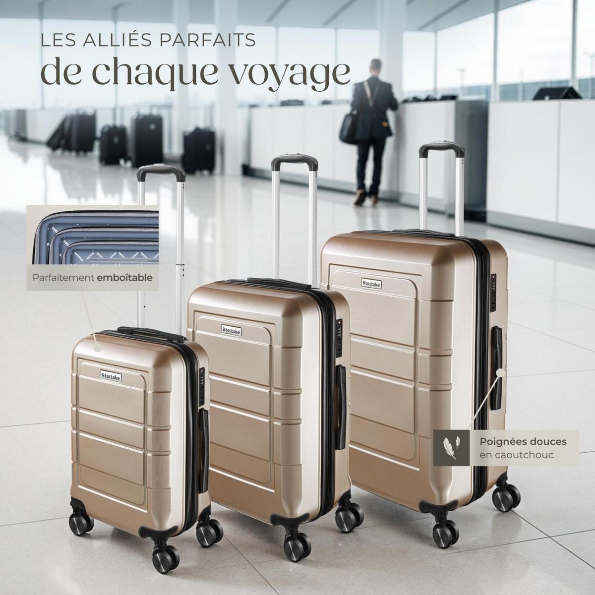 tectake Set de valises de voyage 3 pièces en plastique ABS robuste avec revêtement en polycarbonate champagne