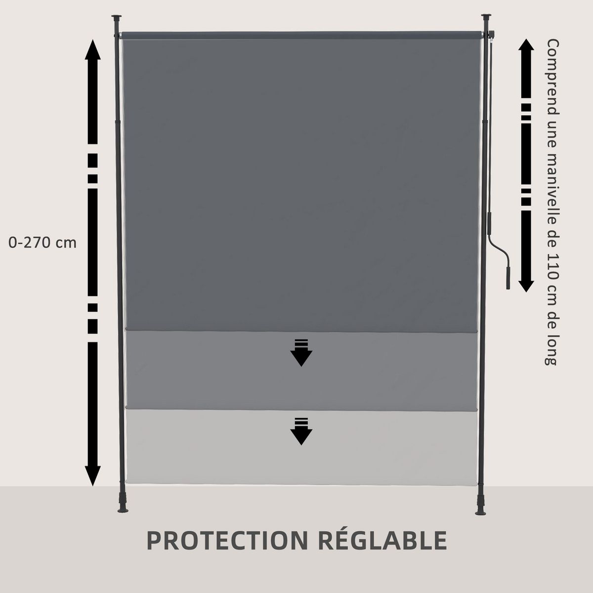 OUTSUNNY Store vertical réglable avec manivelle - brise-vue - installation sans perçage - alu métal gris