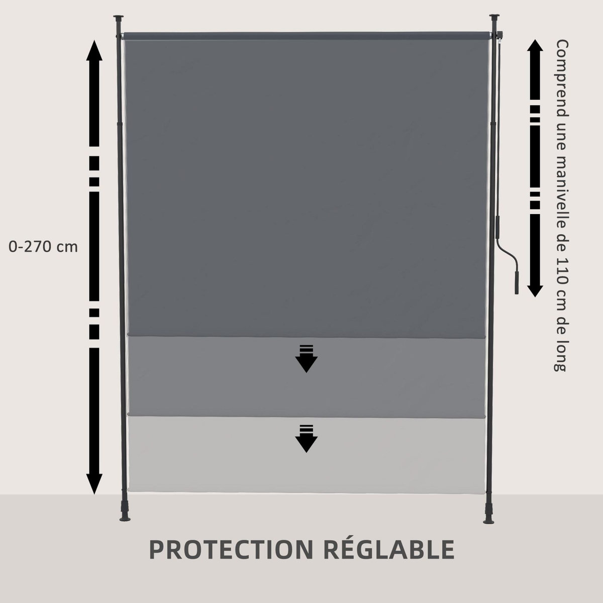 OUTSUNNY Store vertical réglable avec manivelle - brise-vue - installation sans perçage - alu métal gris