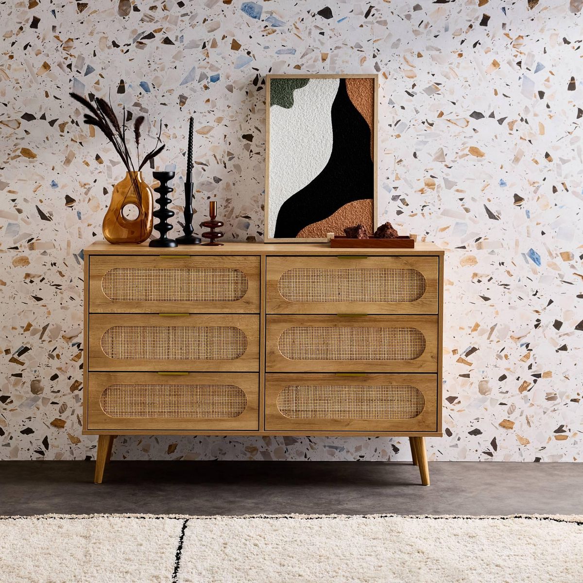 SWEEEK Commode. Eva. 6 tiroirs. décor bois. cannage arrondi L 120 x l 39 x H 79cm