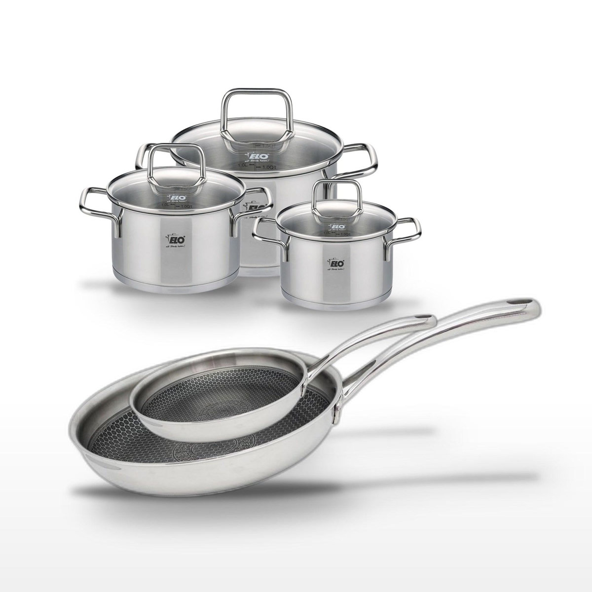 ELO Lot 2 Poêles 28/24cm & 3 Faitouts 14/16/20cm Elo Relief Evolution