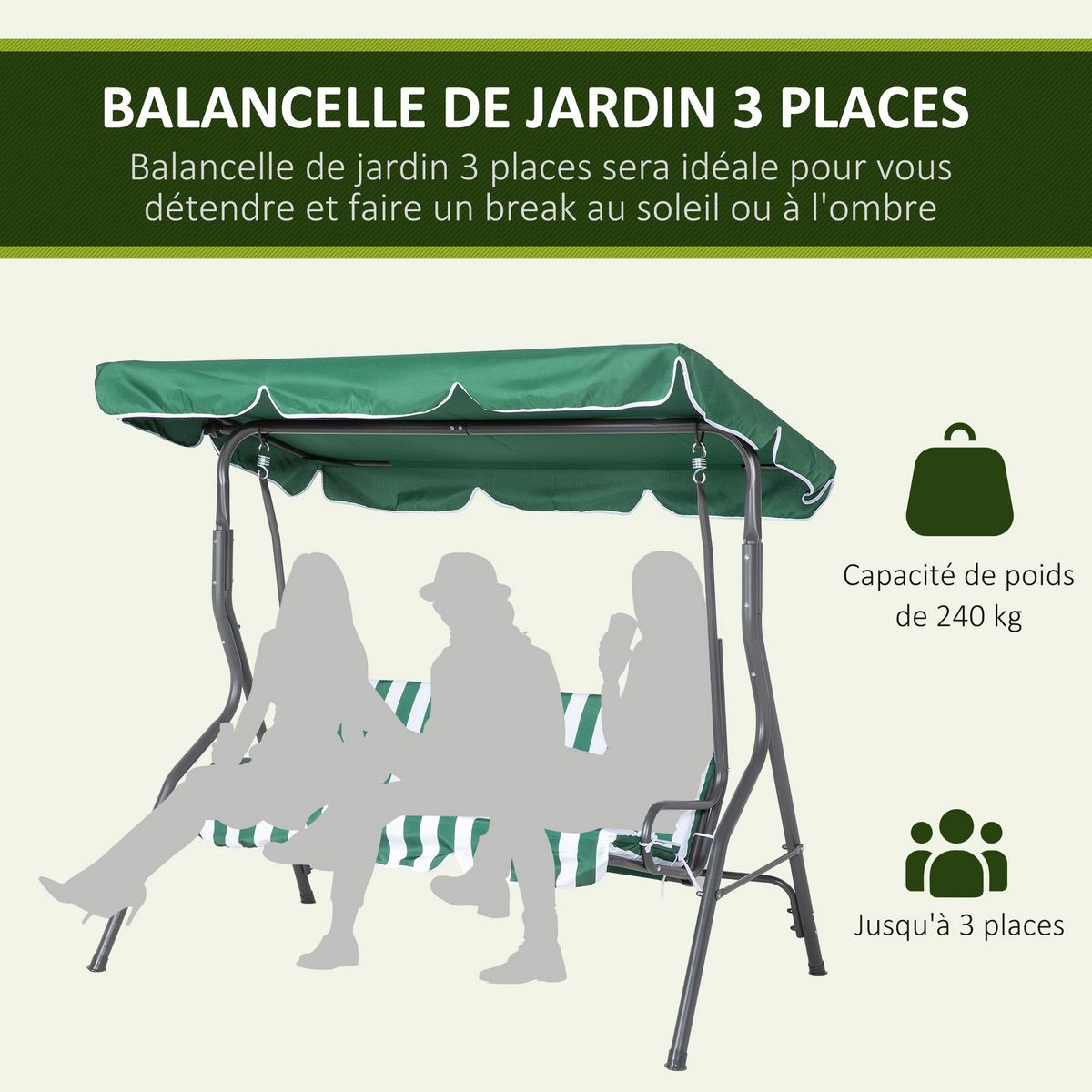 OUTSUNNY Balancelle de jardin 3 places - toit inclinaison réglable - coussins assise et dossier - gris blanc vert