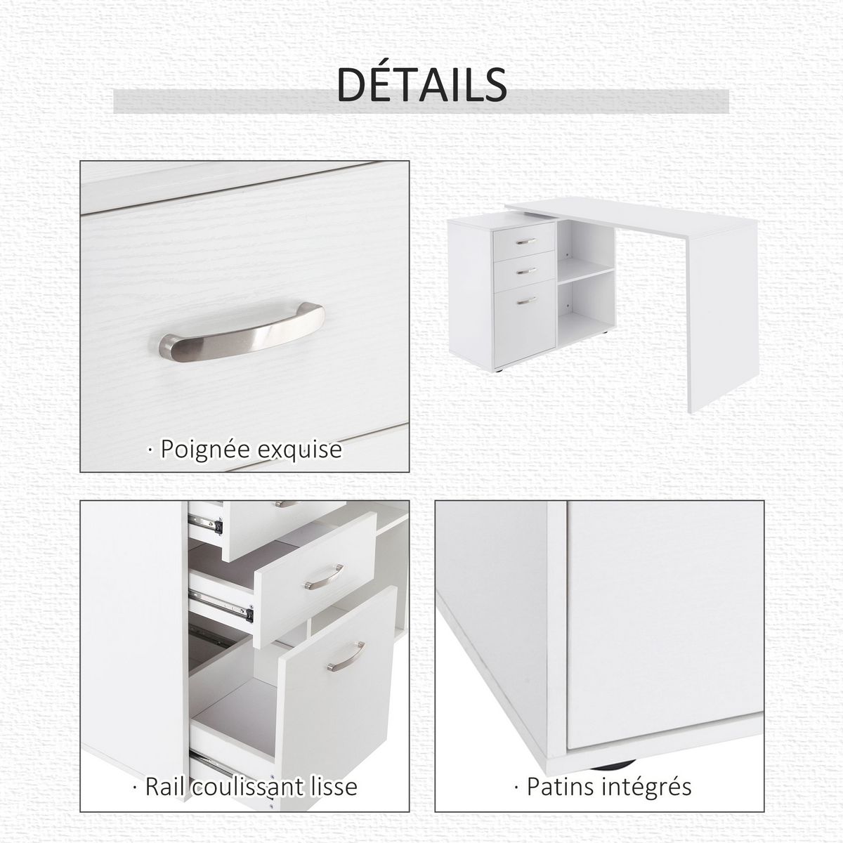 HOMCOM Bureau d'angle bureau droit modulable 2 en 1 bureau informatique tiroirs x 3 + 2 niches MDF blanc