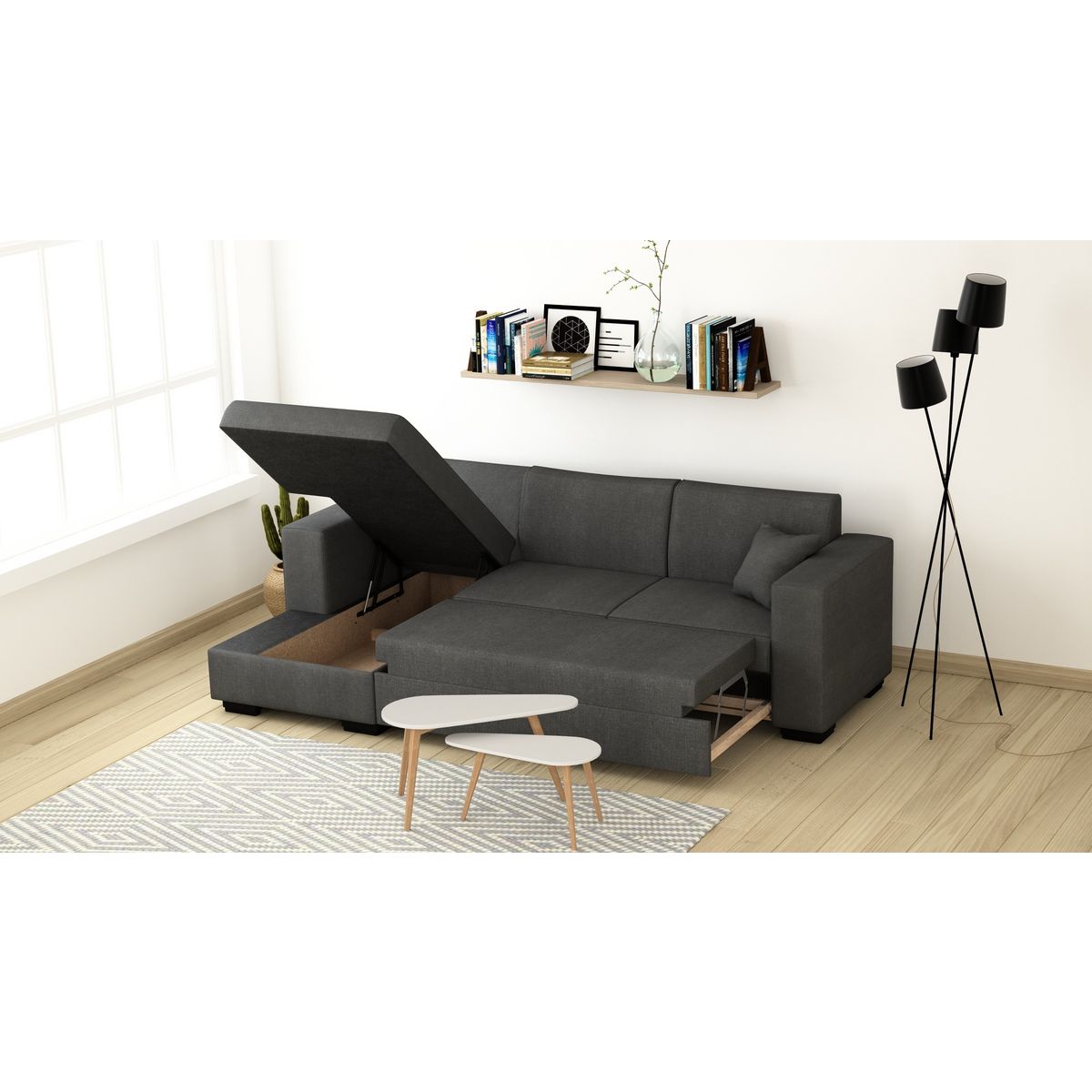 Canapé d'angle gauche convertible  4 places avec coffre tissu CARIBEA