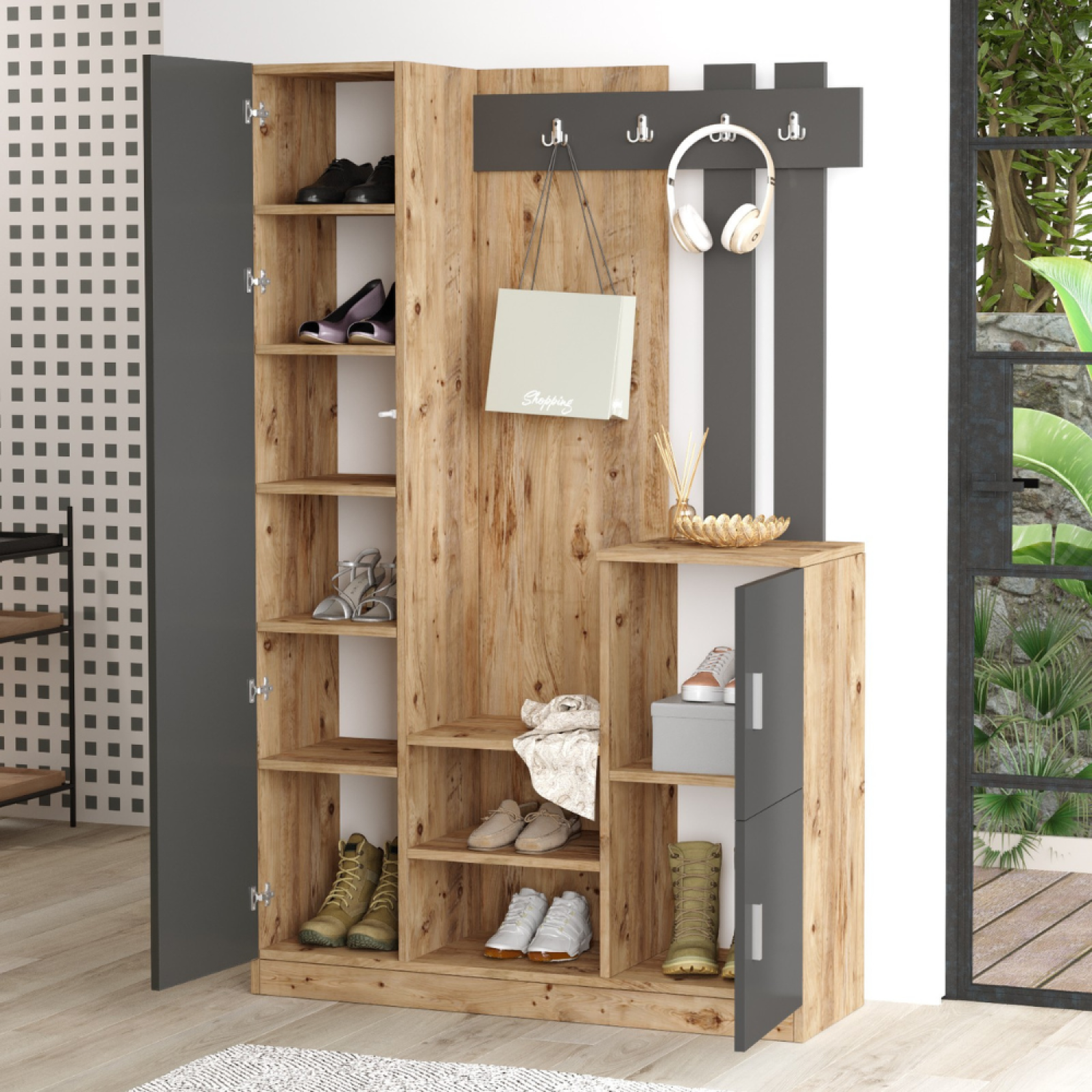 Voir la diapositive 3 : CONCEPT USINE Meuble d'entrée design bois et gris miroir ANKA