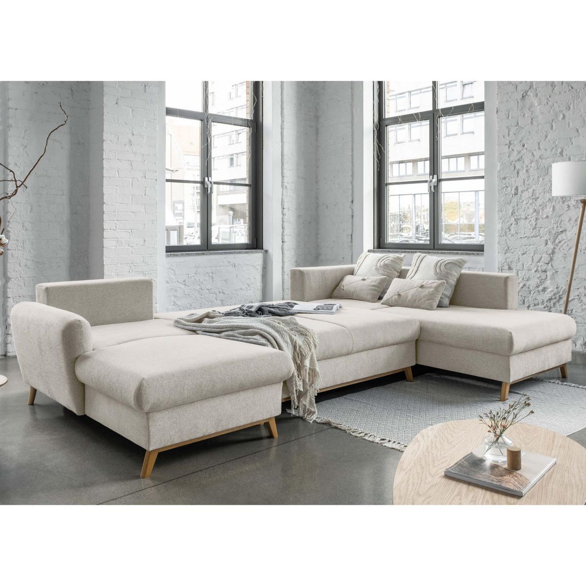 BEST MOBILIER Lagom - canapé d'angle panoramique - convertible - avec coffre - en tissu - 7 places - droit