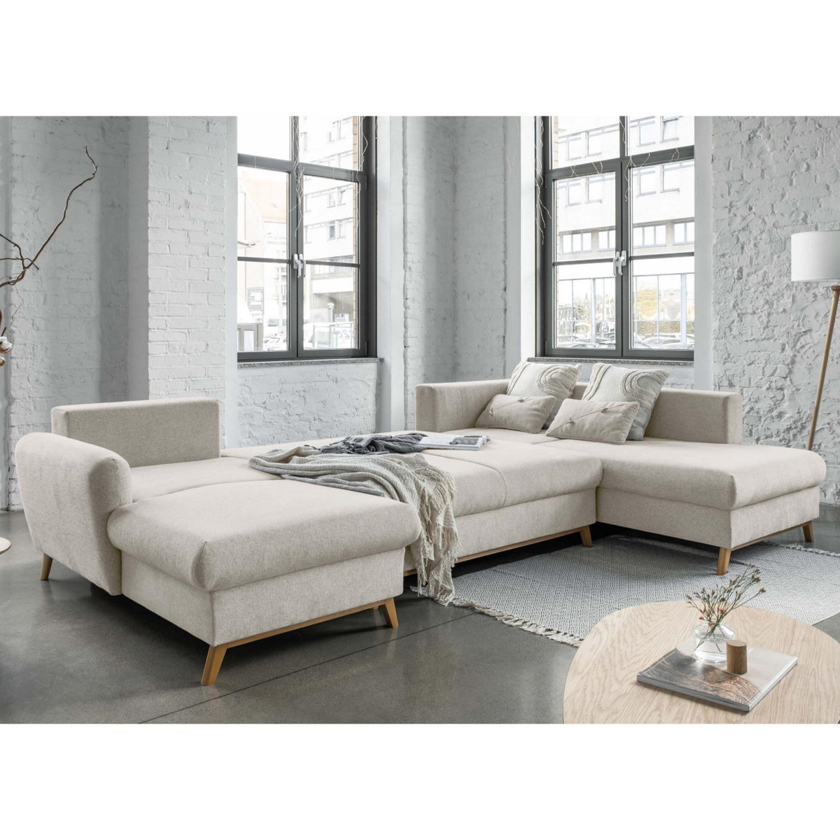 BEST MOBILIER Lagom - canapé d'angle panoramique - convertible - avec coffre - en tissu - 7 places - droit