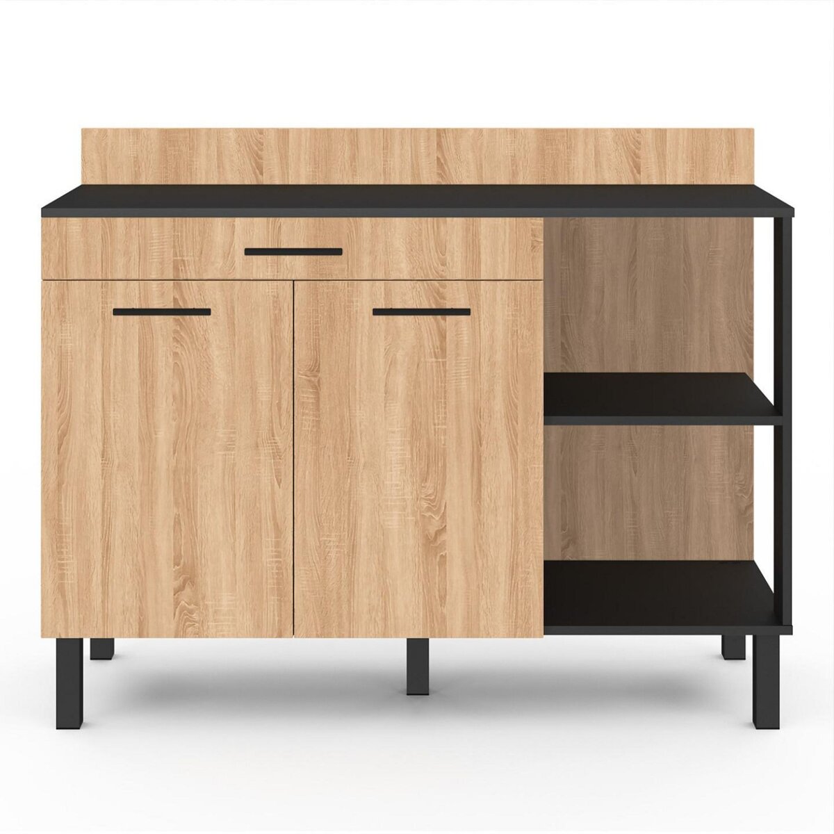 ID MARKET Buffet bas de cuisine 120 cm CINA plan de travail H.83 cm 2 portes + tiroir noir et façon hêtre