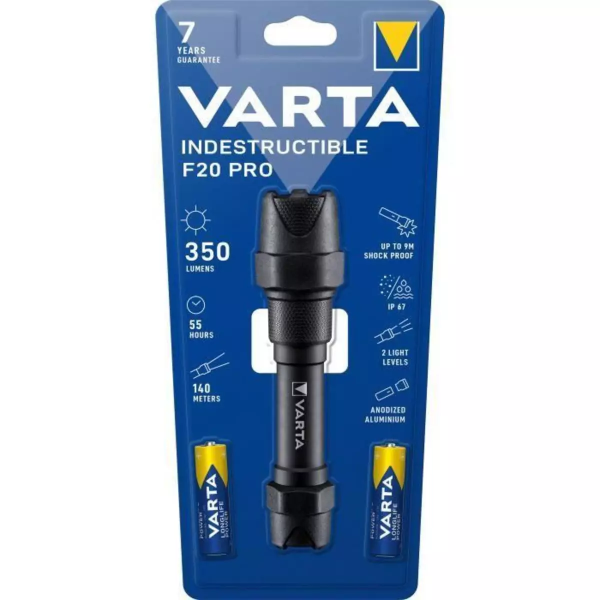  Torche-VARTA-Indestructible F20 Pro-350lm-Garantie 7ans-Resistante au chocs (9m) a l'eau et la poussiere- IP67-2 Piles AA incluses