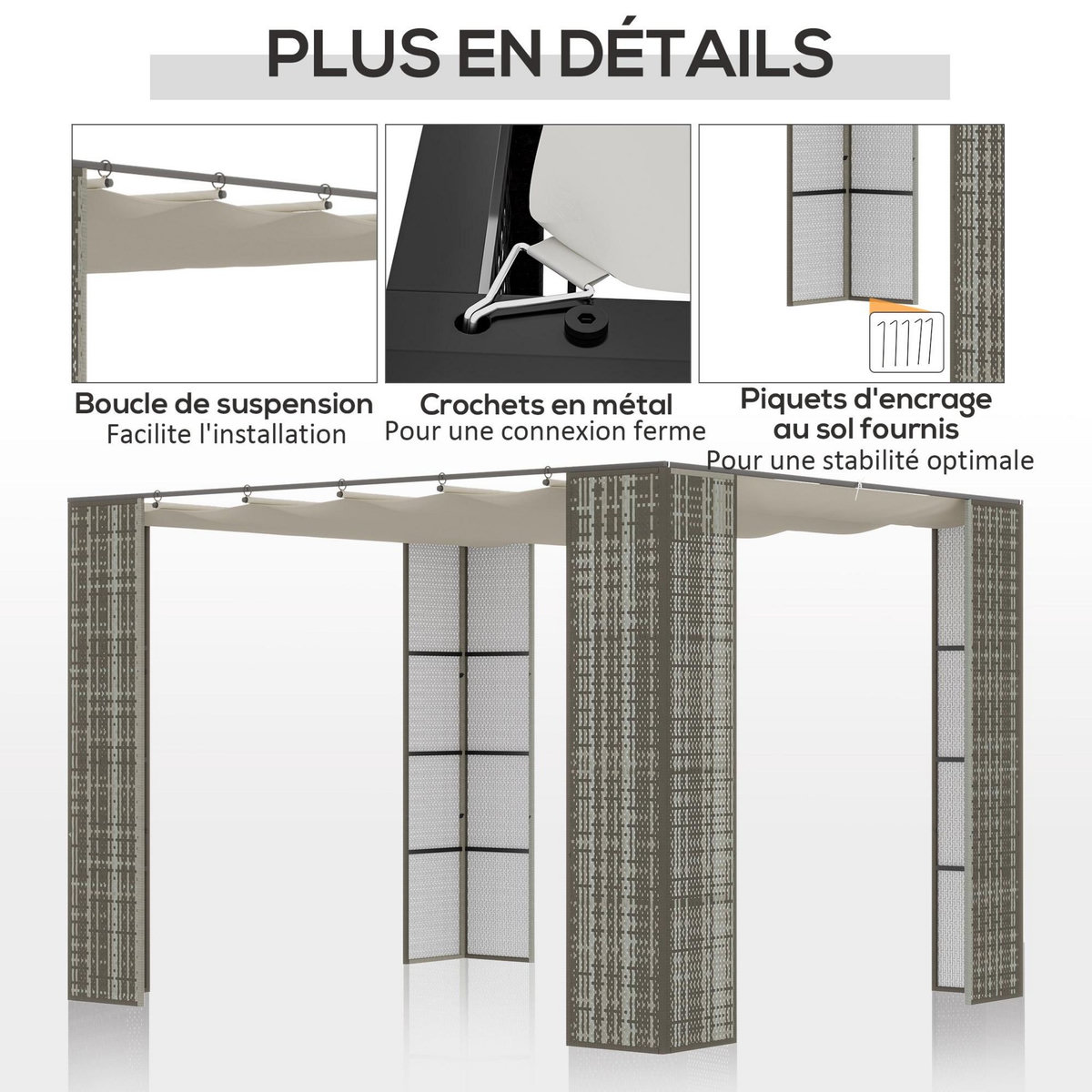 OUTSUNNY Pergola rétractable style colonial dim. 2,98L x 2,98l x 2H m métal époxy anticorrosion résine tressée grise toile polyester haute densité 180 g/m² crème