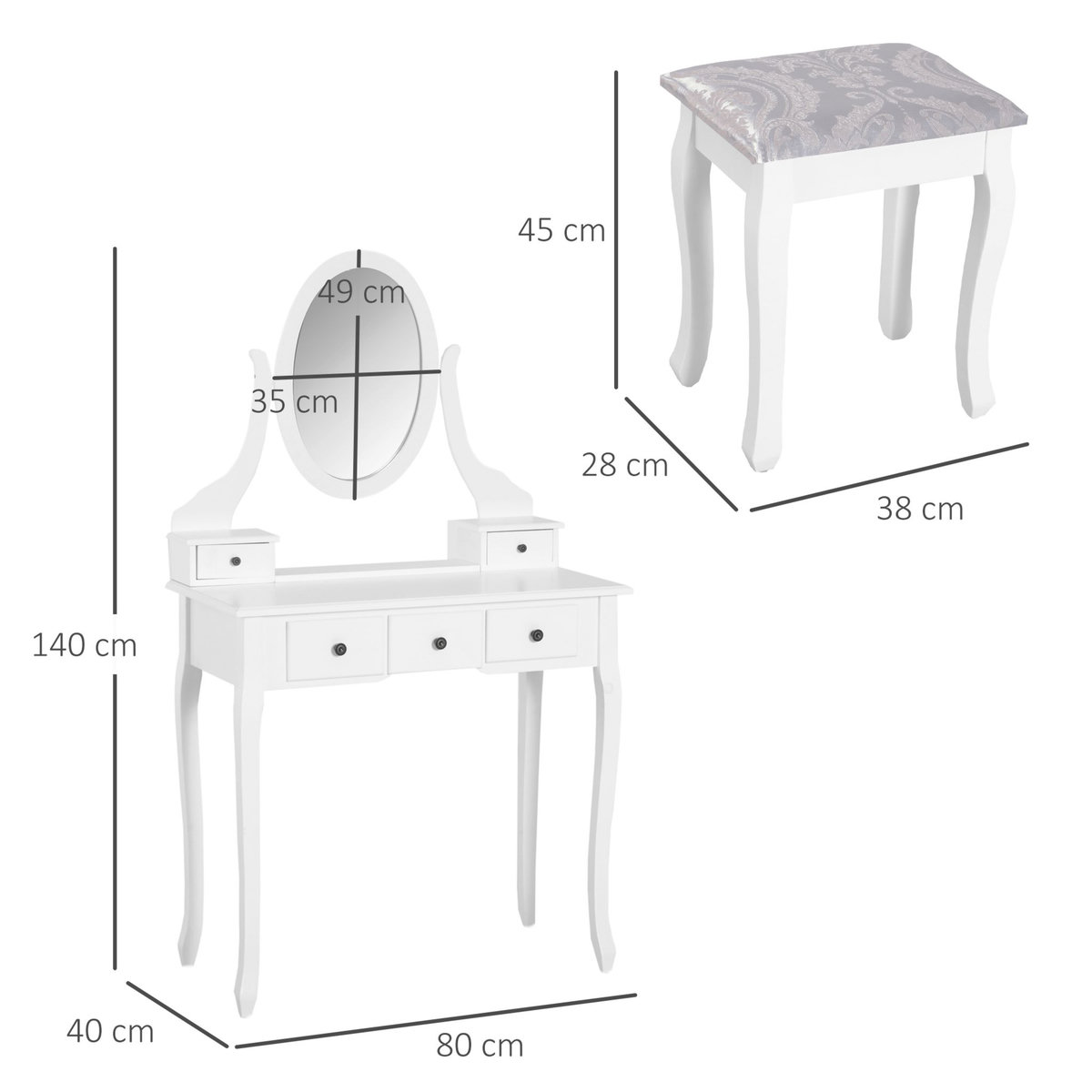 HOMCOM Coiffeuse et tabouret style baroque 5 tiroirs miroir ovale pivotant 360° MDF bois blanc