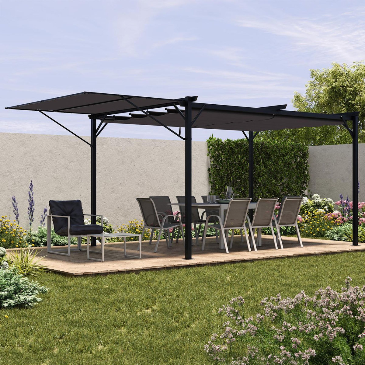 ID MARKET Auvent inclinable et réglable 250 x 150 cm pour pergola toit rétractable gris anthracite