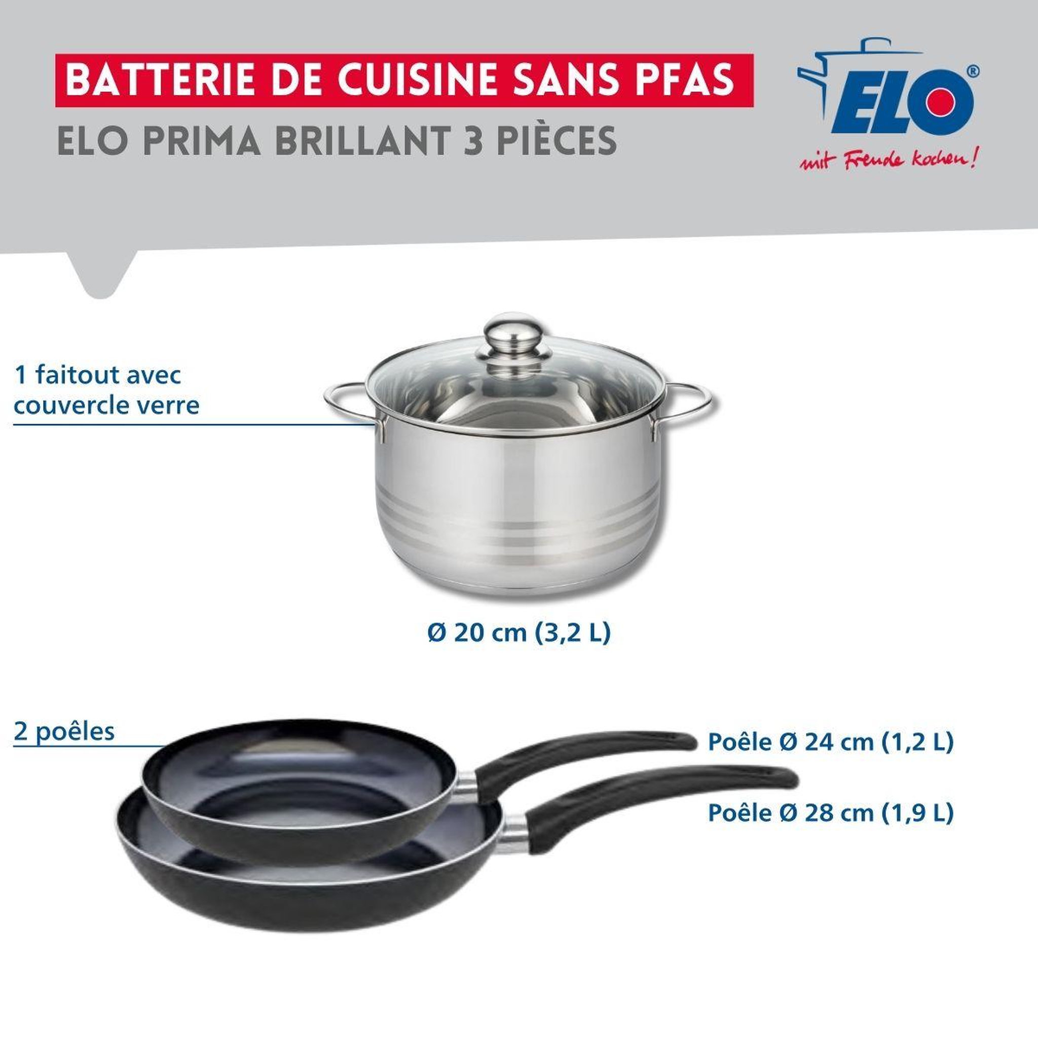 Voir la diapositive 2 : ELO Ensemble de 2 poêles de cuisson 24 et 28 cm et 1 faitout 20 cm elo prima brillant