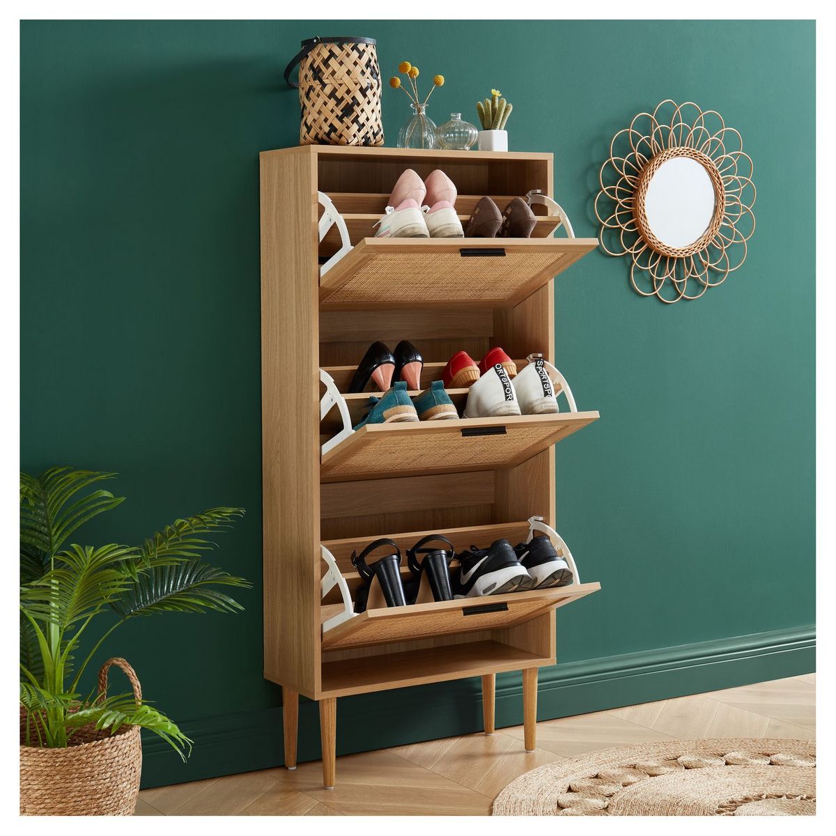 Meuble À Chaussures Cannage Et Décor Bois 3 Portes - L60 cm AMANDINE