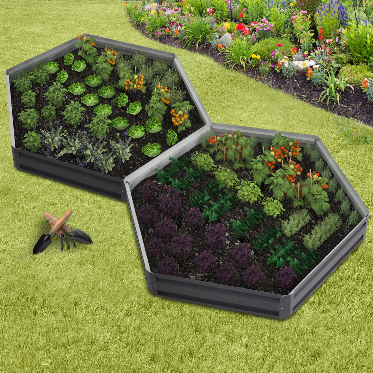 ID MARKET Lot de 2 carrés potager en métal châssis hexagonale 120 cm gris anthracite