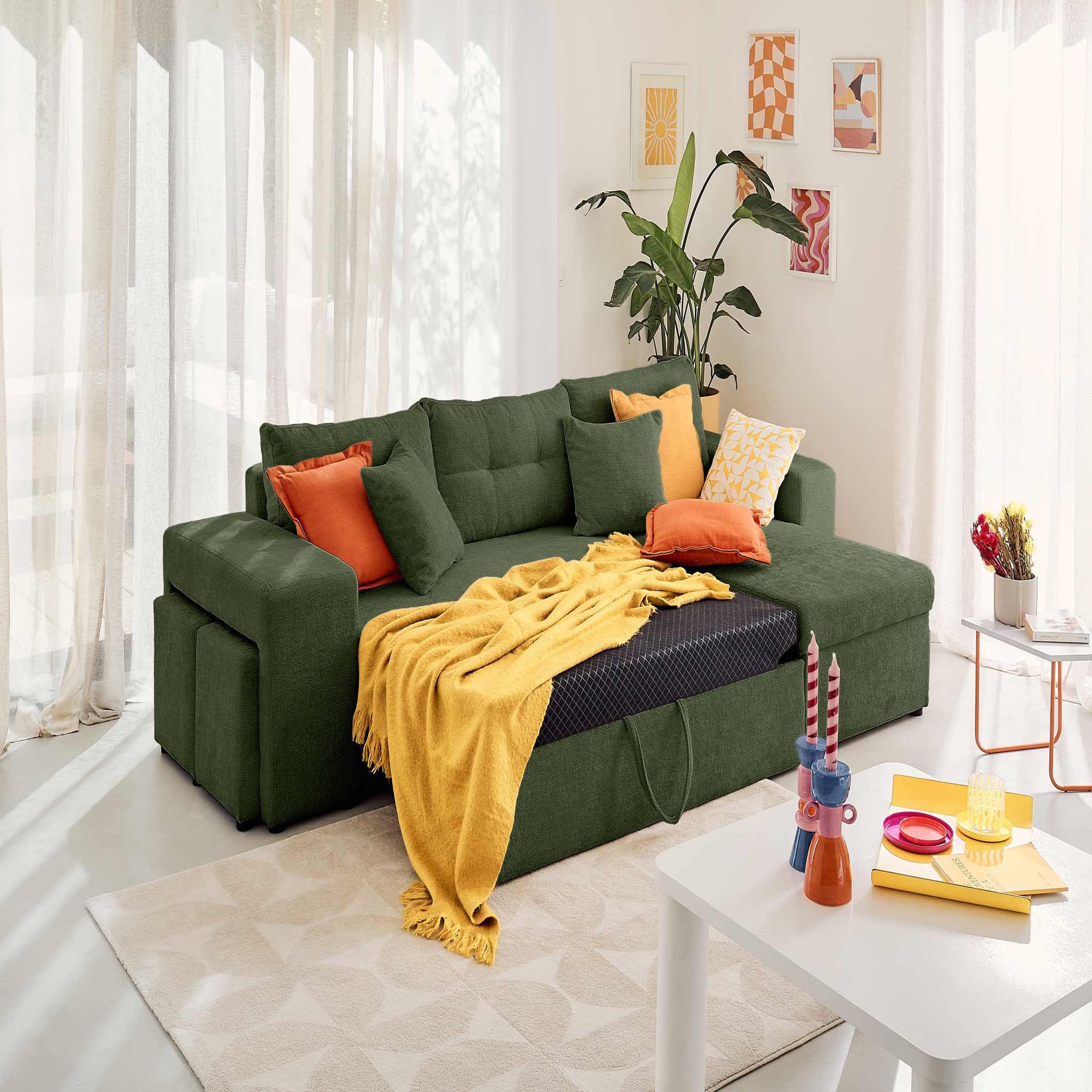 Voir la diapositive 2 : BEST MOBILIER California - canapé d'angle réversible 4 places - convertible avec coffre, étagère et poufs - en velours texturé