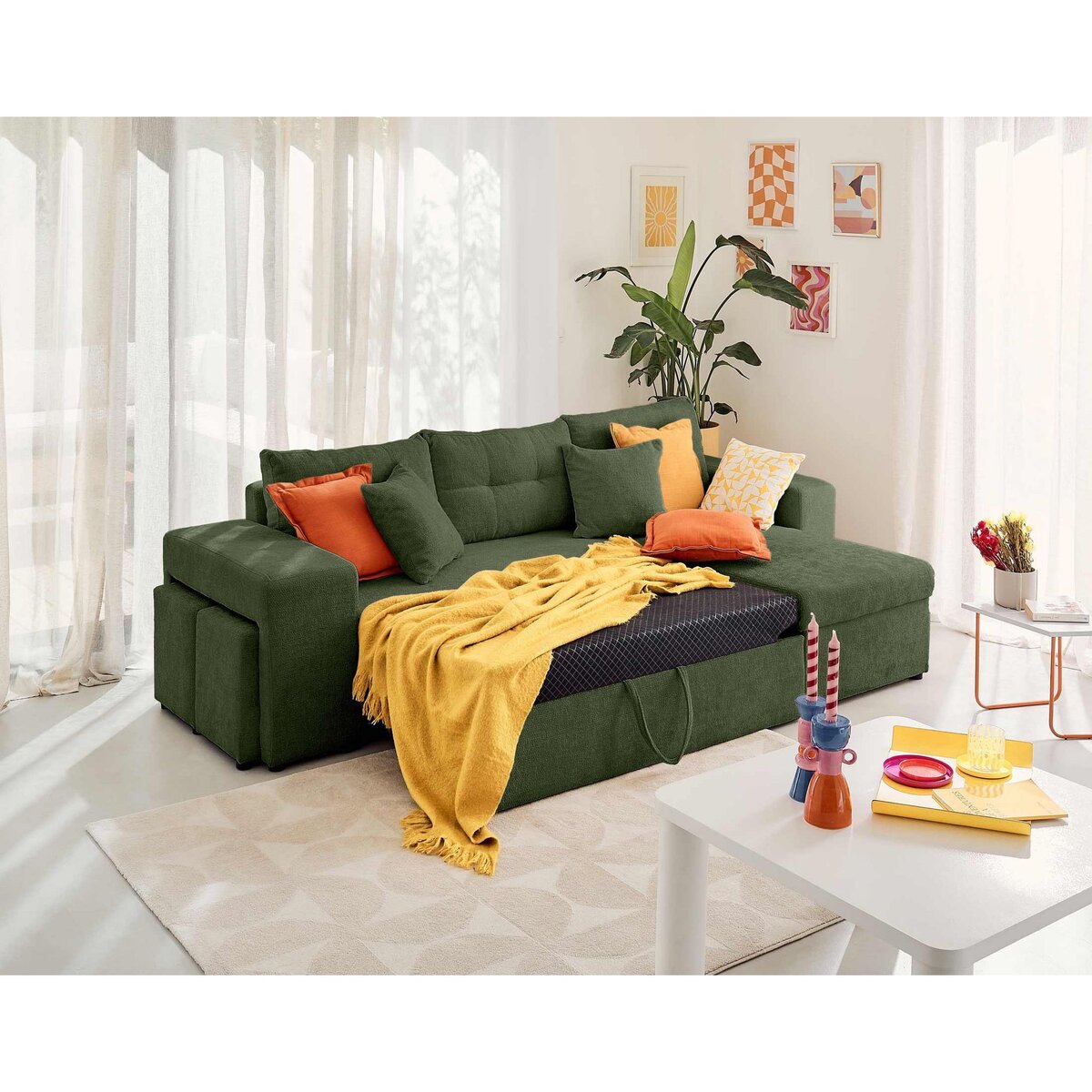 BEST MOBILIER California - canapé d'angle réversible 4 places - convertible avec coffre, étagère et poufs - en velours texturé