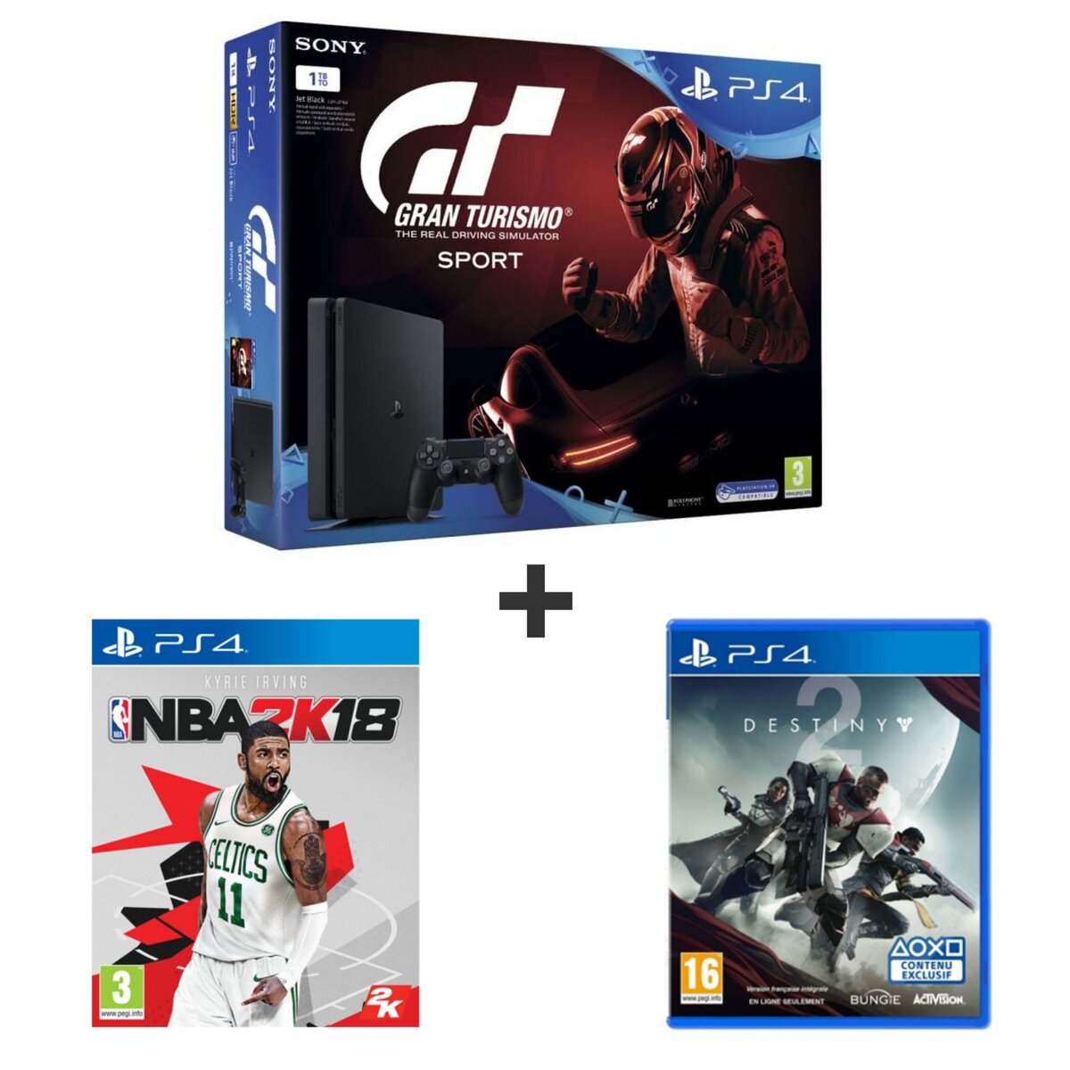 Console PlayStation 4 Slim 1To Noire + Gran Turismo Sport + Qui es-tu ? + Destiny 2 + NBA 2K18