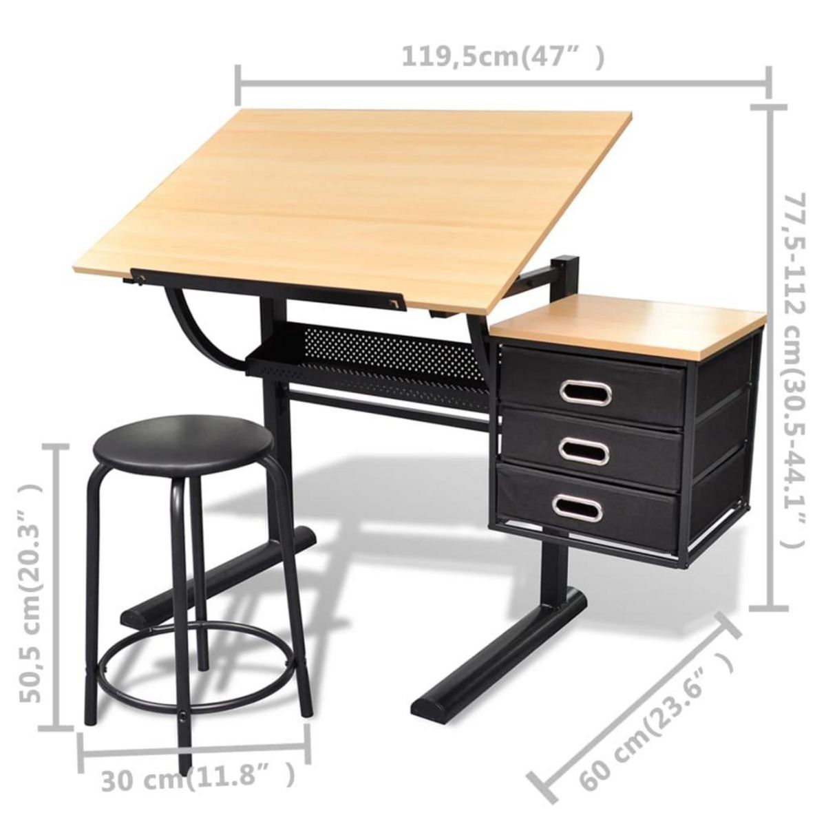 VIDAXL Table a dessin inclinable a 3 tiroirs avec tabouret