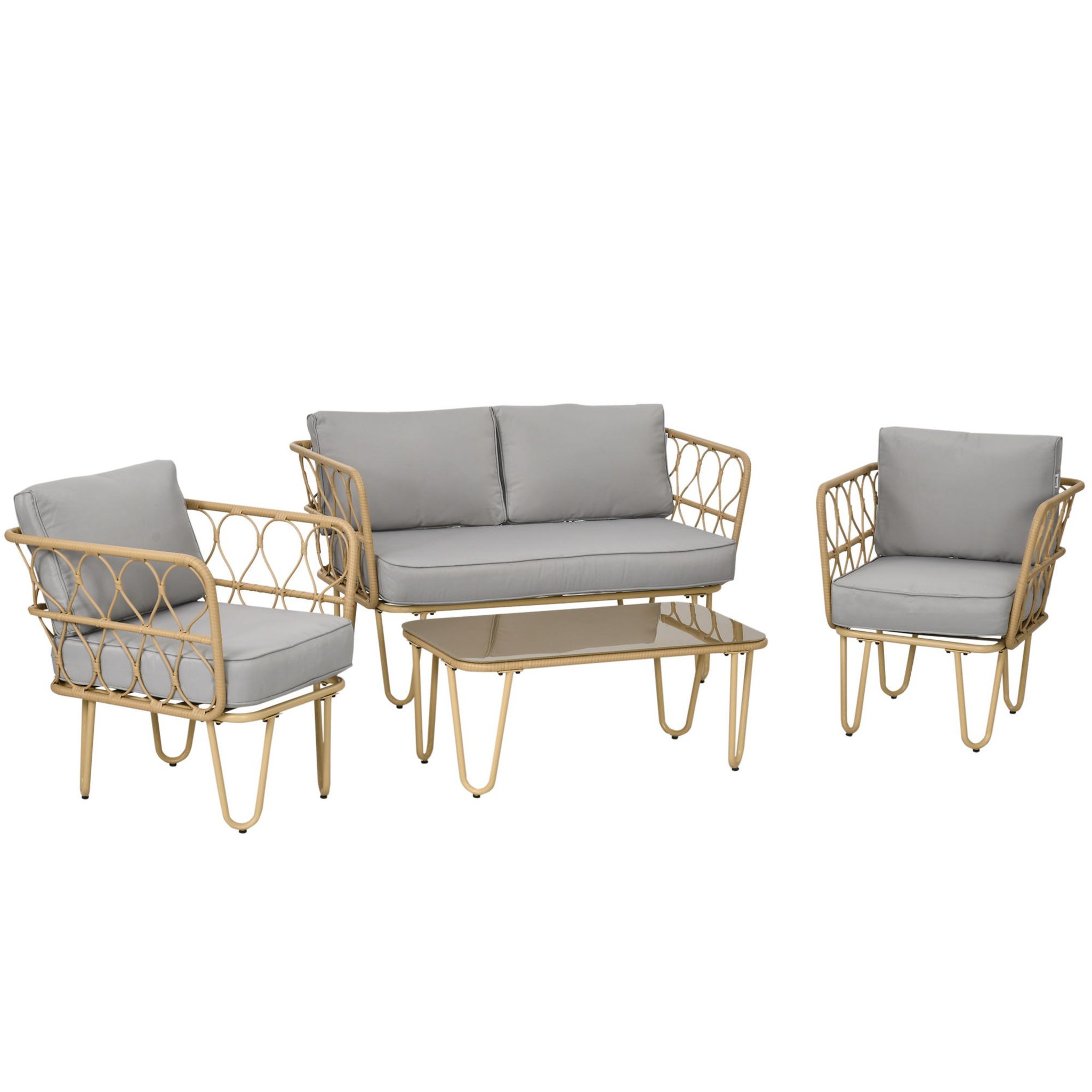 OUTSUNNY Salon de jardin 4 places 4 pièces style colonial résine tressée aspect rotin coussins gris