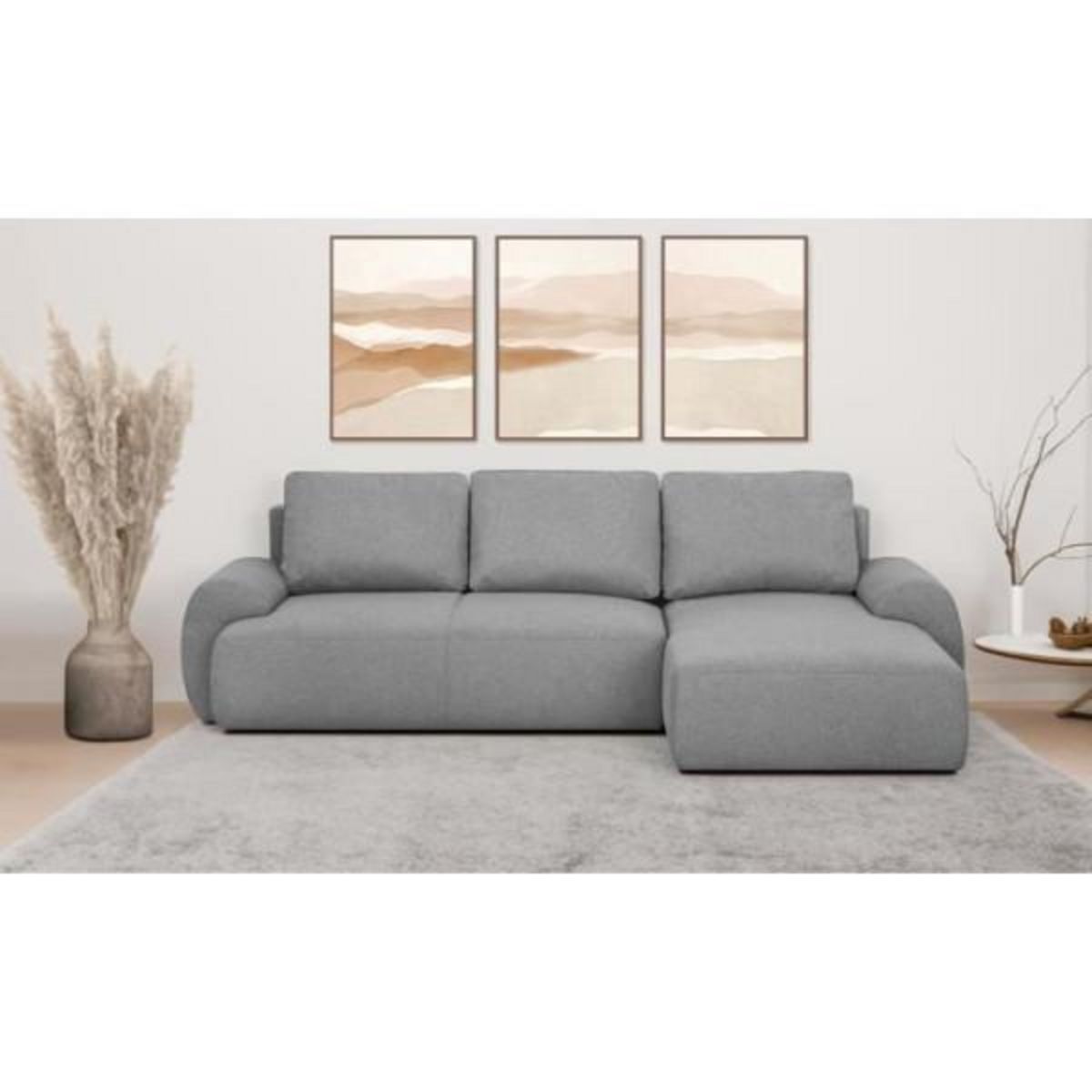 MARKET24 Canapé d'angle droit convertible MILO 4/5 places - Tissu gris - Coffre de rangement - L 264 x H 84 x P 99/145 cm