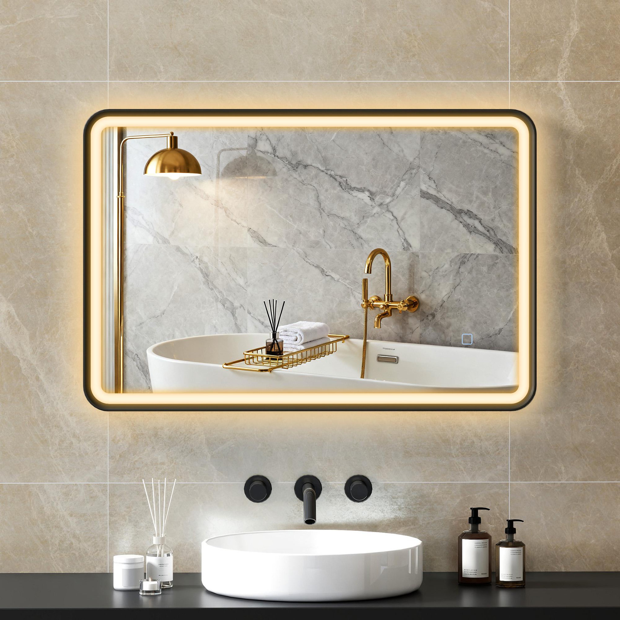 Voir la diapositive 4 : HOMCOM Miroir mural led tactile réglable 44w fonction antibuée dim. 60 x 90 cm aluminium noir