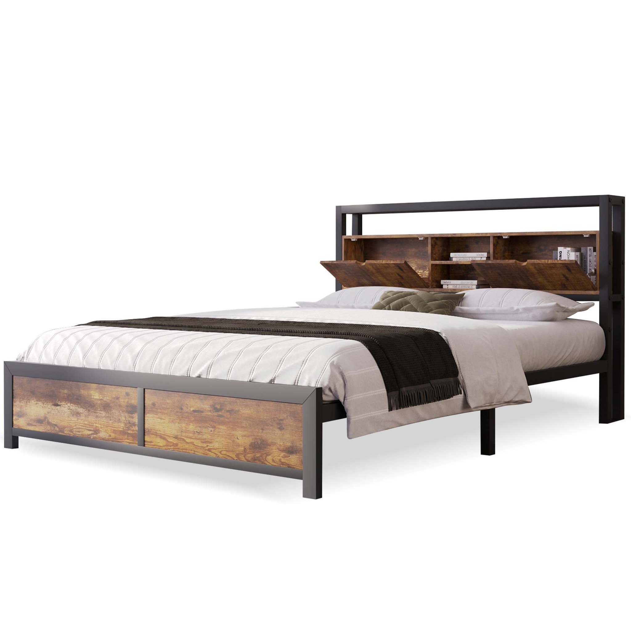 MERAX Lit simple avec sommier Style industriel. Coloris disponibles : Marron
