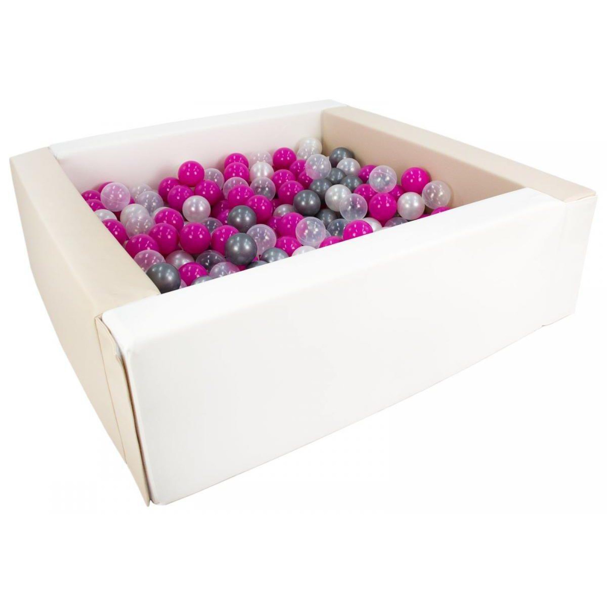VELINDA Piscine à balles carrée avec 300 balles - blanc, cappuccino/perle, transparent, rose, argent