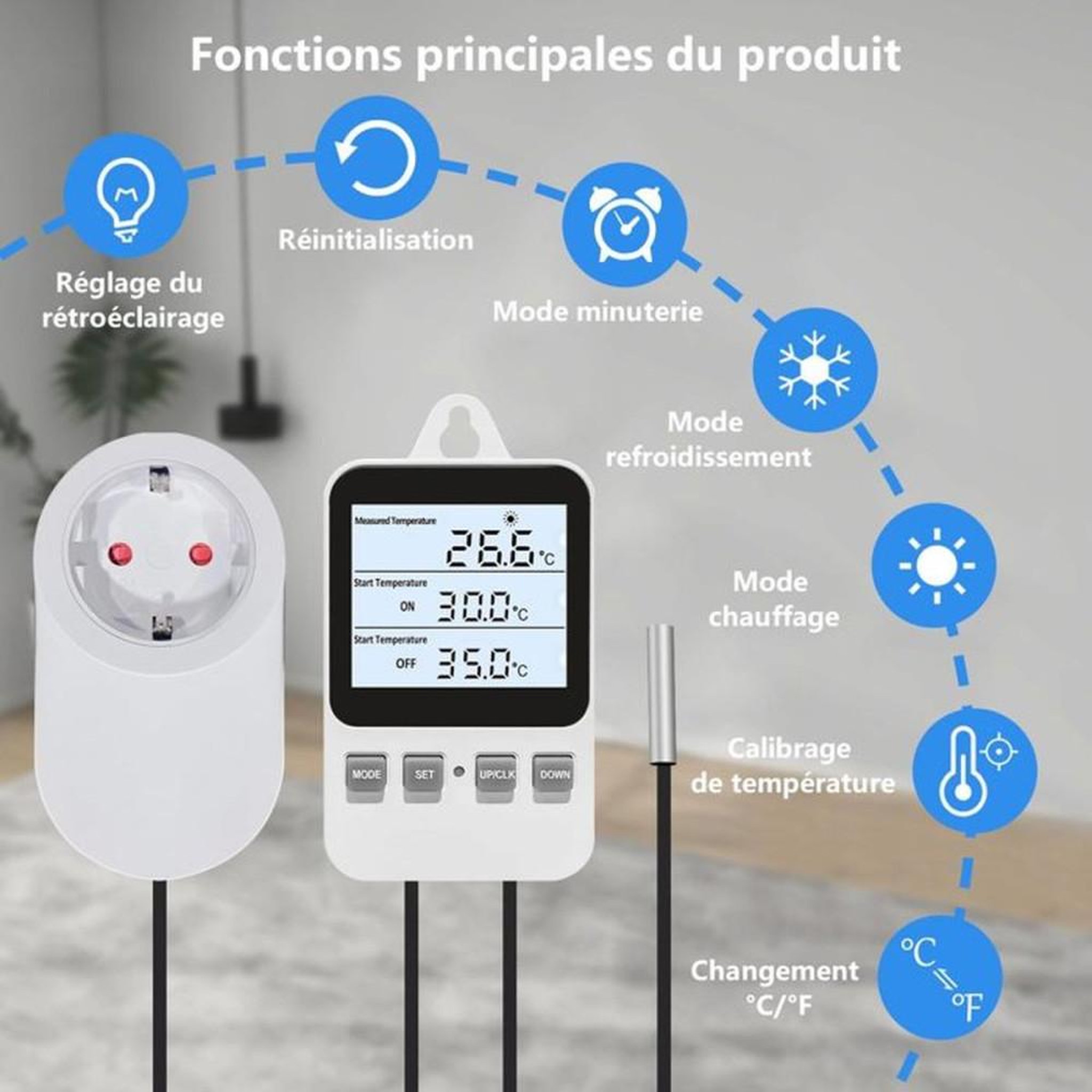 Voir la diapositive 4 : Thermostat d'ambiance numérique à écran LCD rétroéclairé avec sonde à câble 2,79 m et prise secteur EU